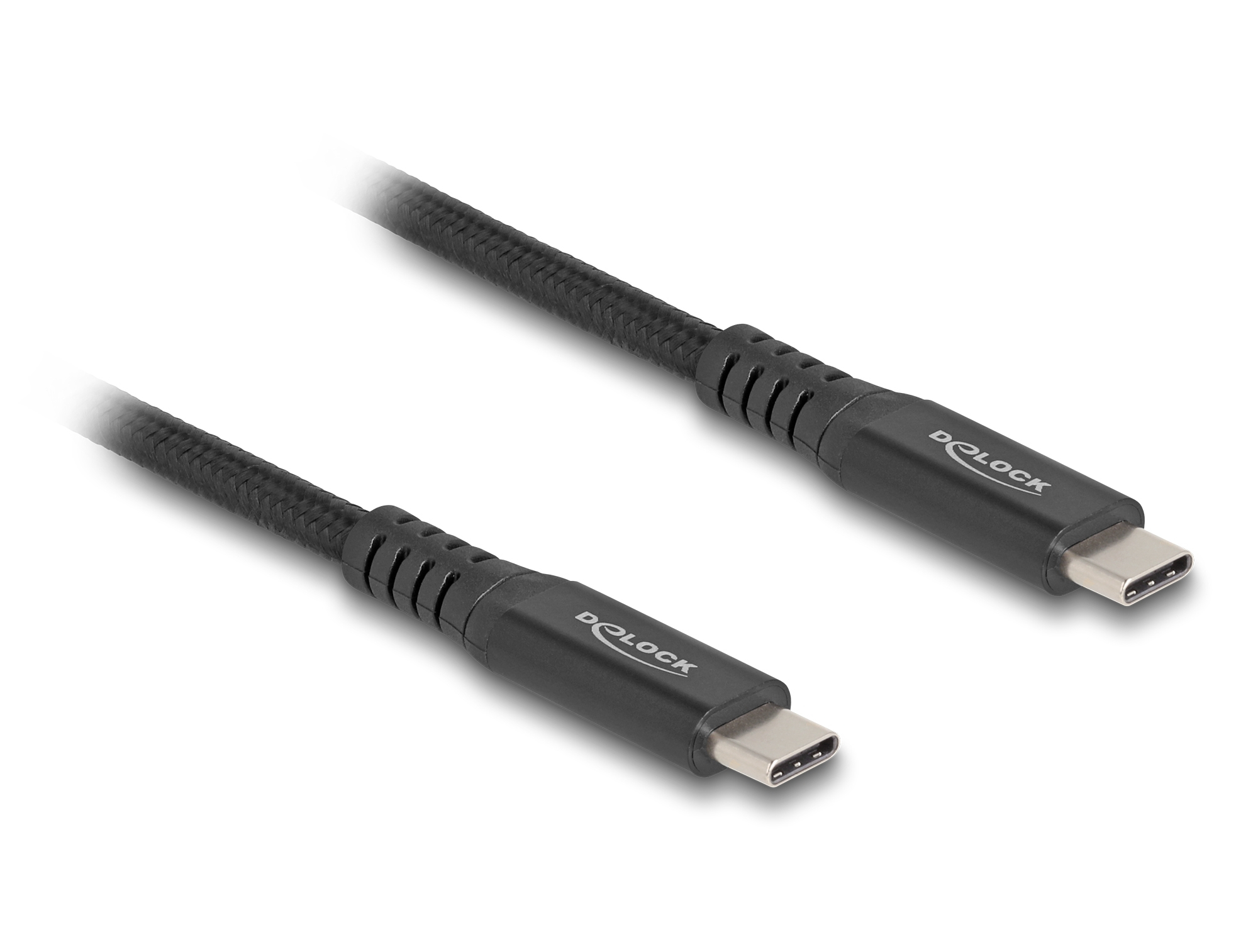 Zwei schwarze USB-C-Kabel mit dem Markennamen 'DeLOCK' liegen auf einer weißen Oberfläche. Die Kabel sind abgewinkelt, die Stecker sichtbar.