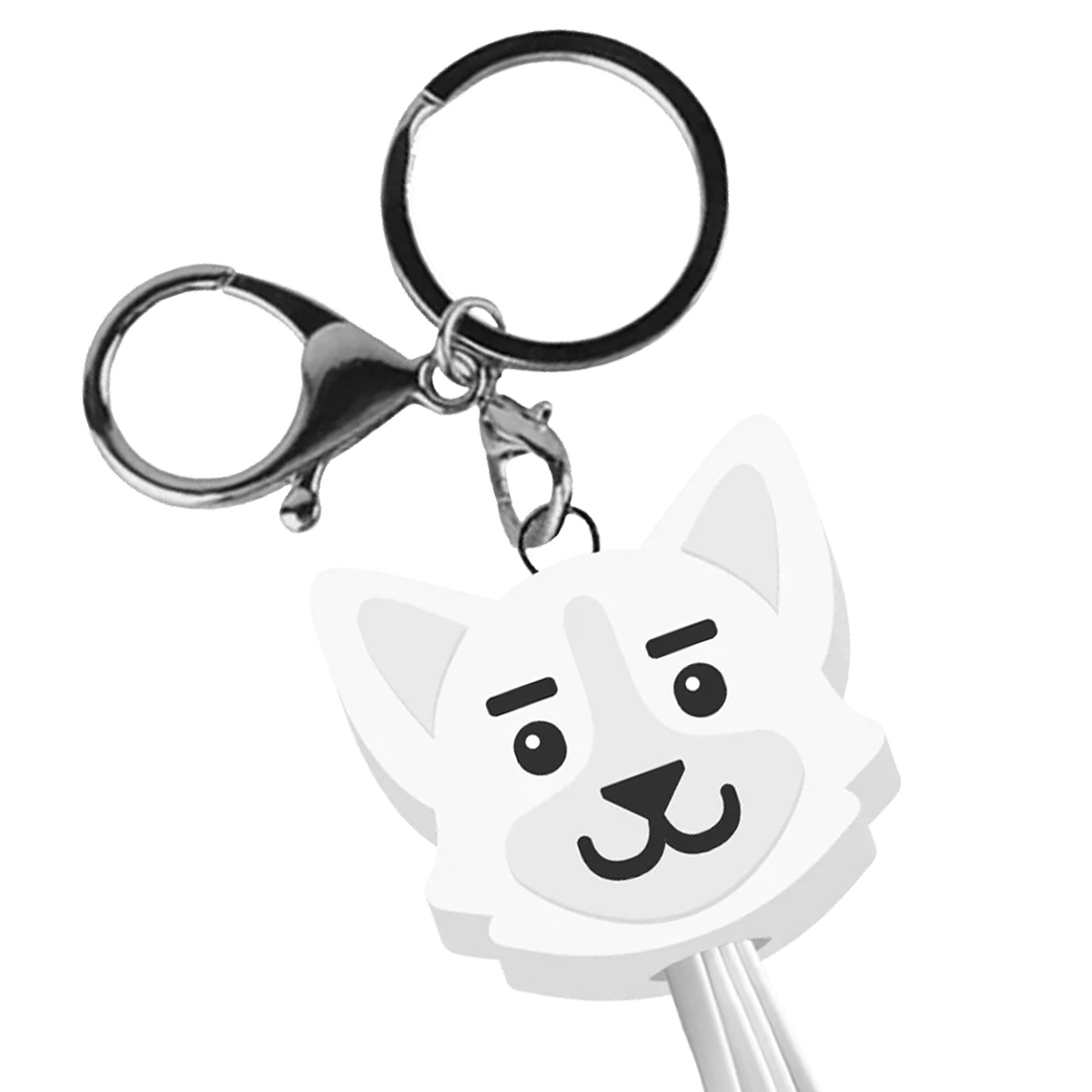 Un portachiavi bianco a forma di cane con moschettone e anello in metallo argentato. Il cane ha occhi neri e bocca sorridente.