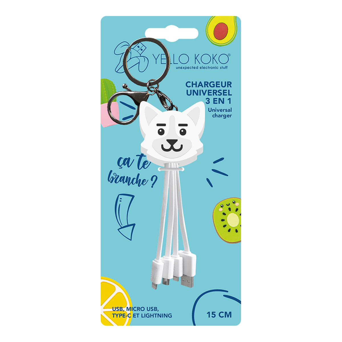 Un caricabatterie universale bianco a forma di cane con più connettori. La confezione è blu con illustrazioni di frutta e testo.