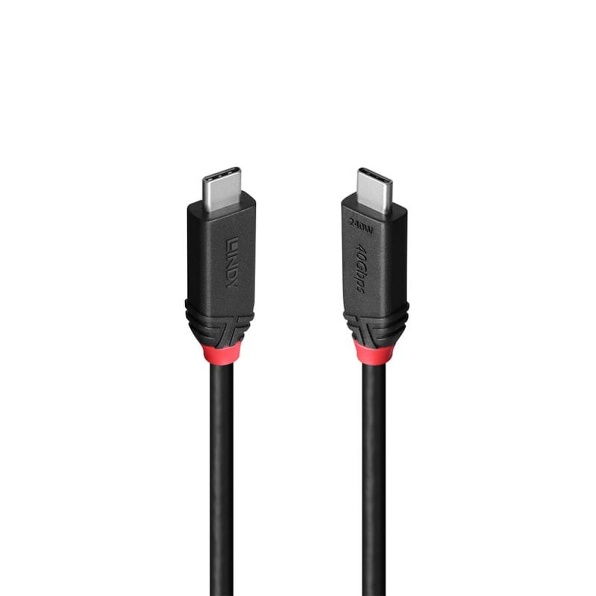 Dwa czarne kable USB-C, z marką LINDY i 40 Gbps, na białym tle.