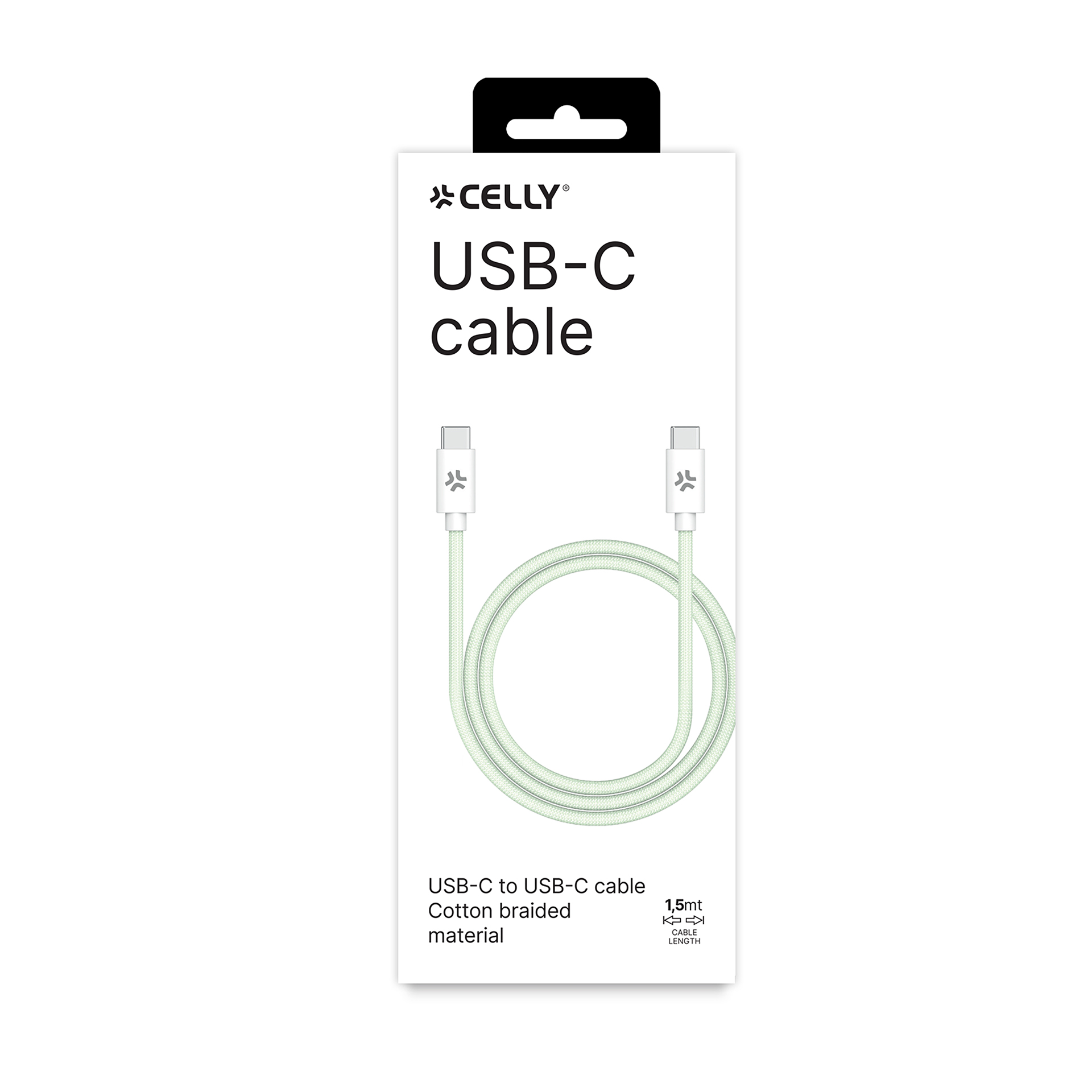 Eine weiße Verpackung zeigt ein USB-C-Kabel. Das Kabel ist hellgrün, baumwollgeflochten und 1,5 Meter lang.