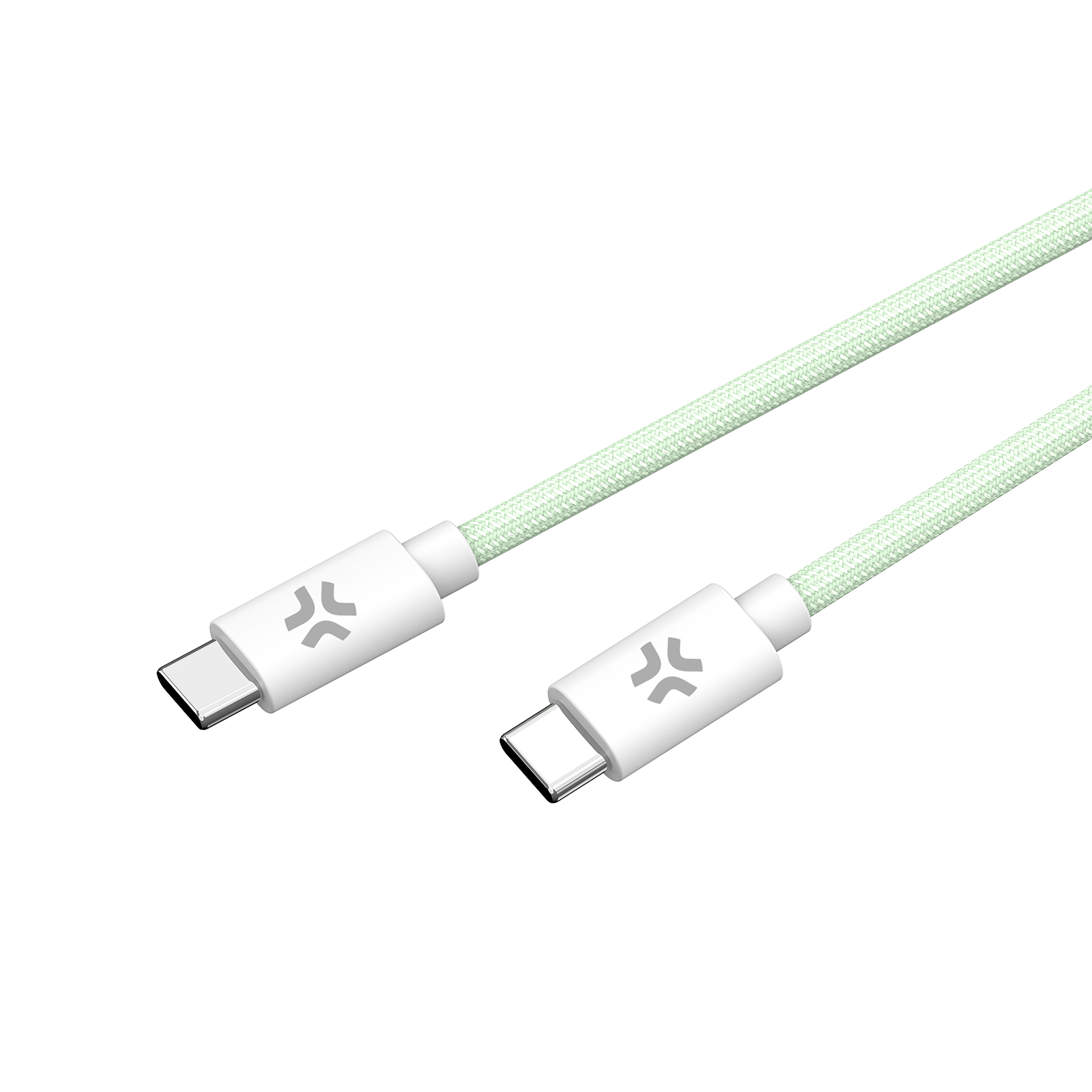 Ein weißes USB-C-Ladekabel mit einem hellgrünen geflochtenen Kabel. Die Anschlüsse sind weiß mit einem Logo.