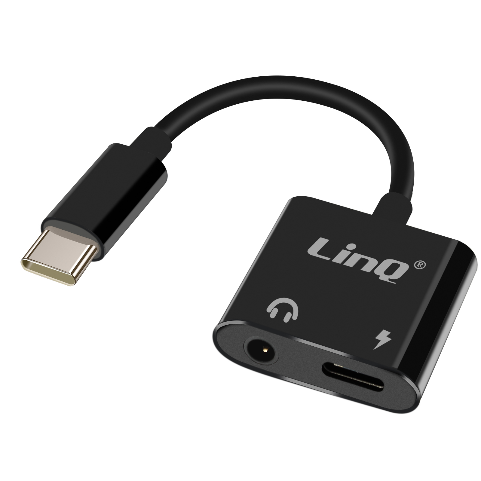 Adattatore audio da USB-C nero. Ha un connettore USB-C, un jack per cuffie e una porta di ricarica. Il marchio è Linq.