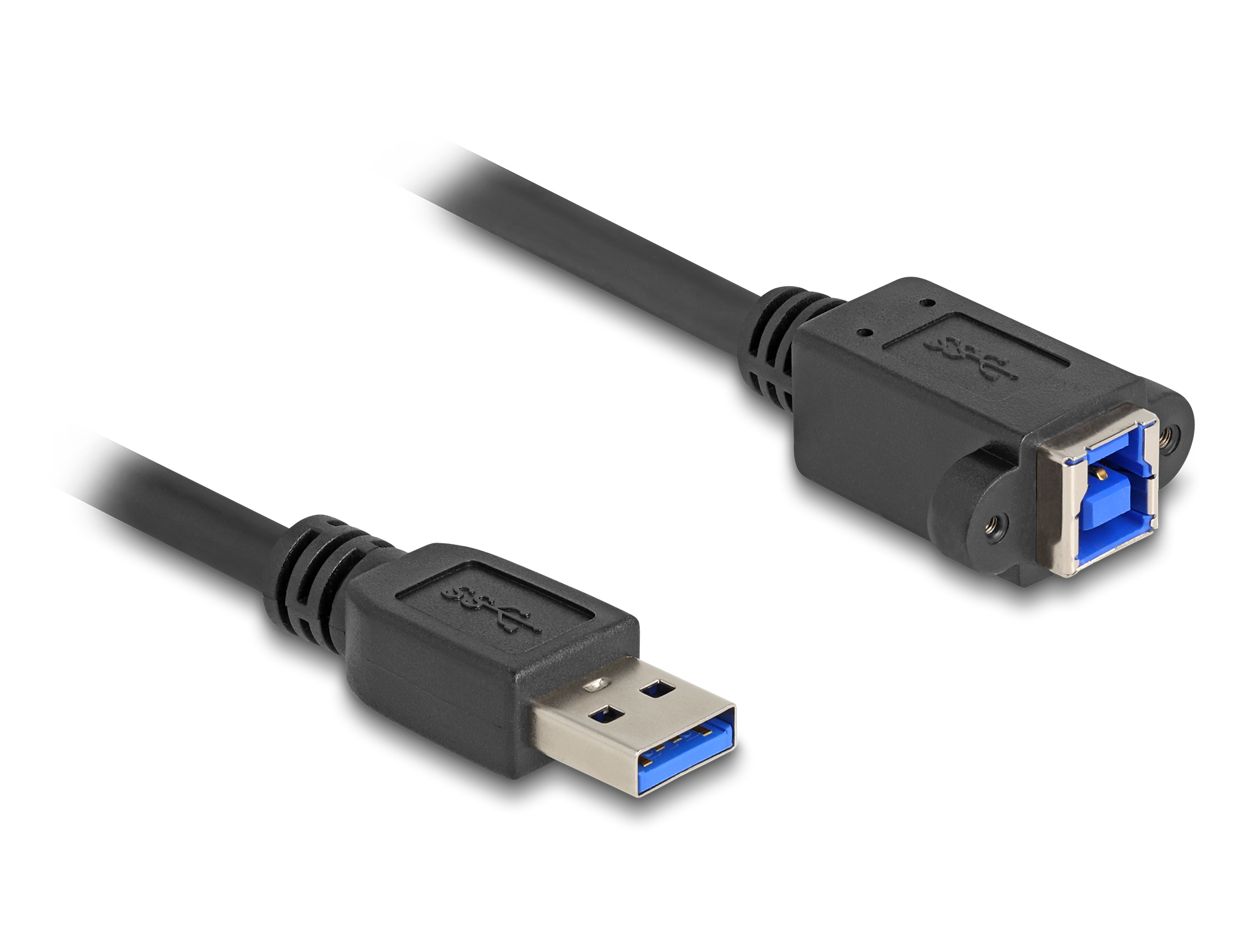 Ein schwarzes USB 3.0-Kabel mit blauen Anschlüssen auf weißem Hintergrund. Das Kabel hat einen USB-A- und einen USB-B-Anschluss.