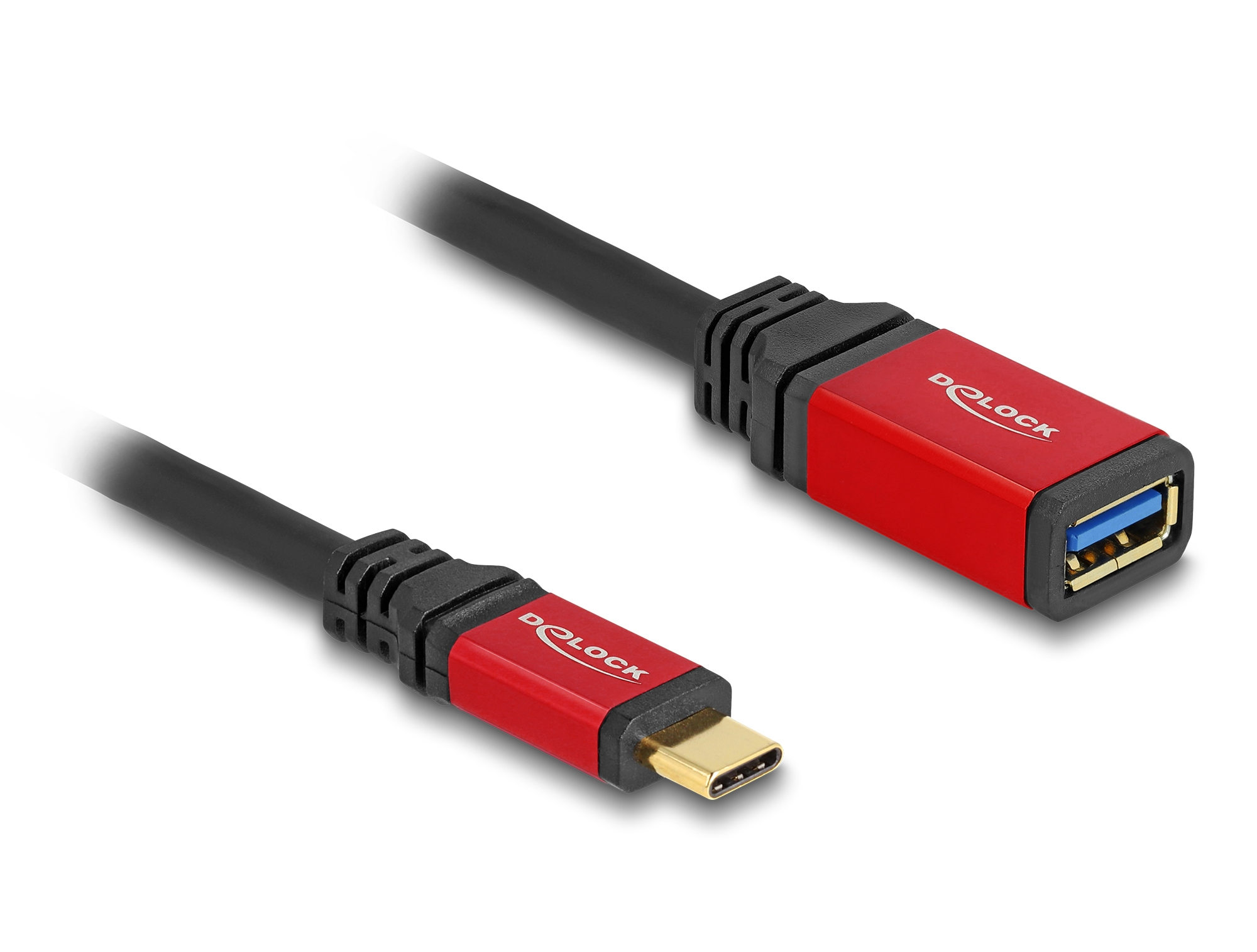 Zwei USB-Kabel. Eines hat einen USB-C-Anschluss, das andere einen USB-A-Anschluss. Beide haben rote und schwarze Teile mit der Marke D-Lock.