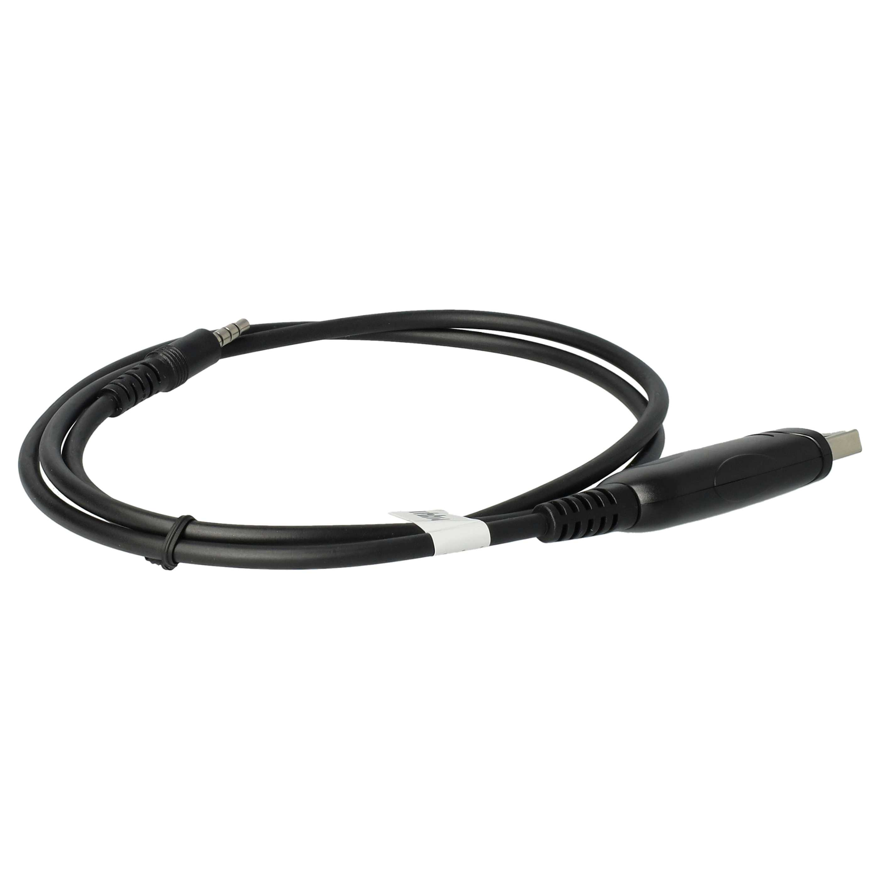 Ein schwarzes Audiokabel mit zwei Anschlüssen. Einer ist ein 3,5-mm-Klinkenstecker, der andere USB-C. Weißer Hintergrund.