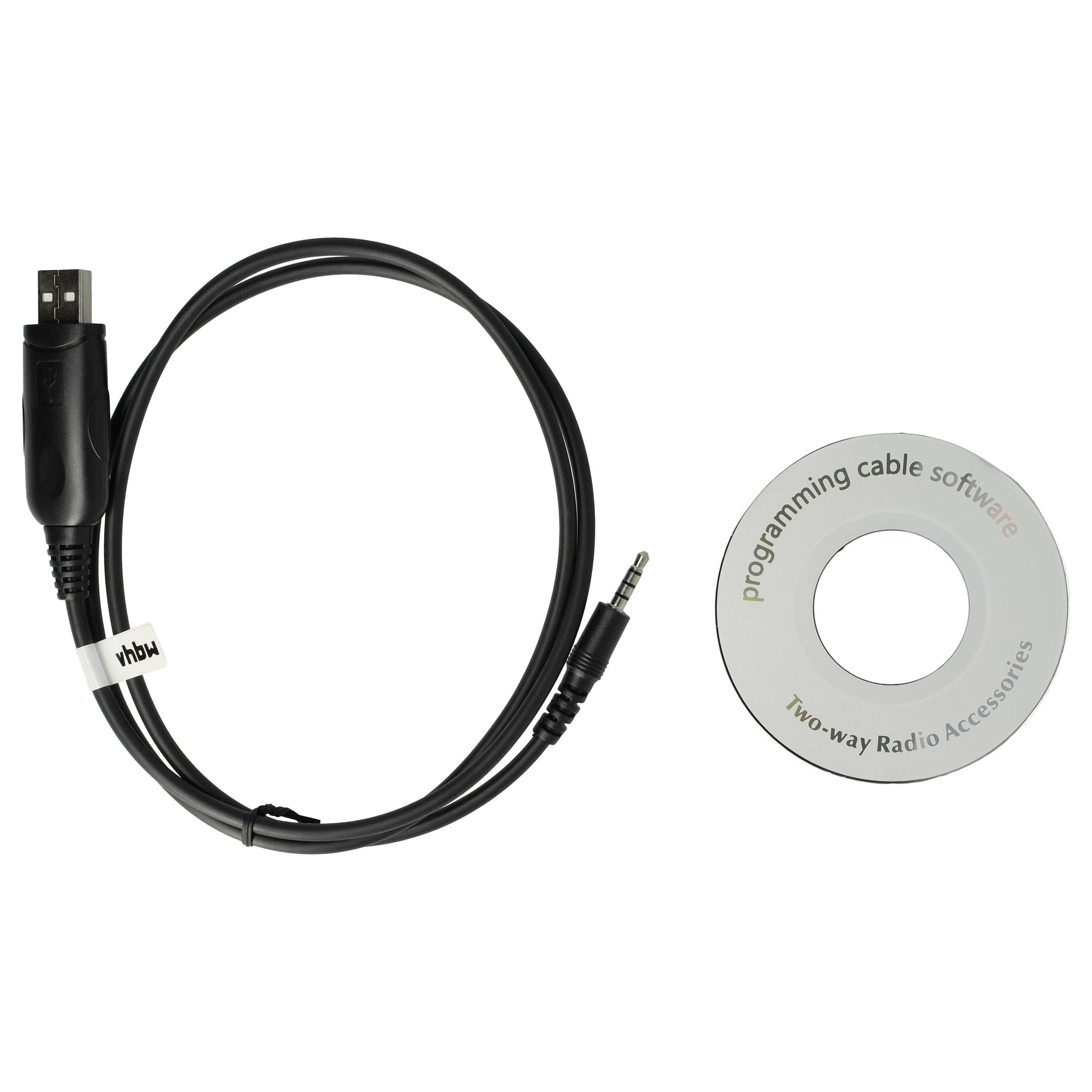 Schwarzes Programmierkabel mit USB-Anschluss und eine CD-ROM mit der Aufschrift 'Two-way Radio Accessories'.