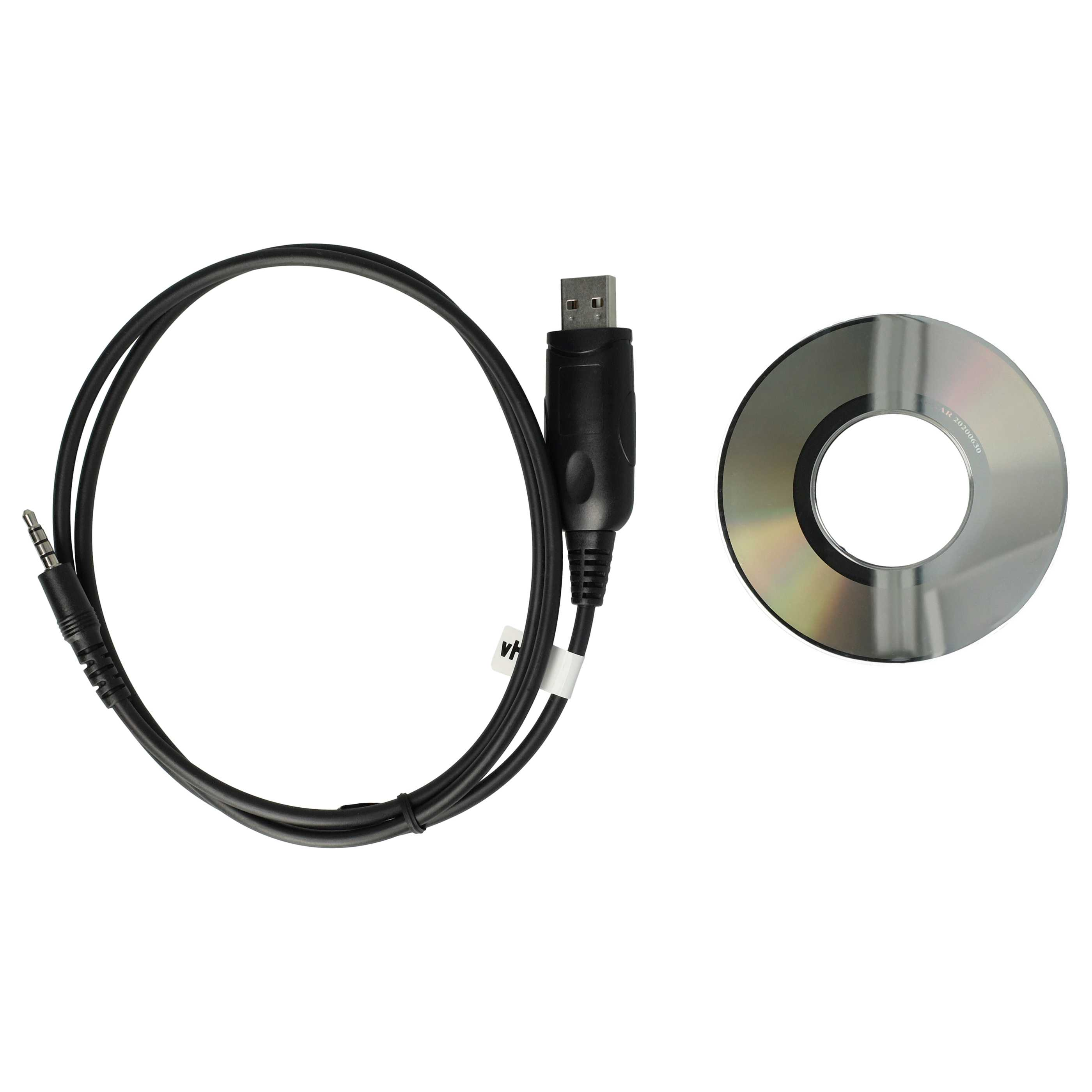Ein schwarzes USB-Kabel und eine CD-ROM liegen auf einer weißen Oberfläche. Das Kabel ist geschlungen und hat an jedem Ende einen Stecker.