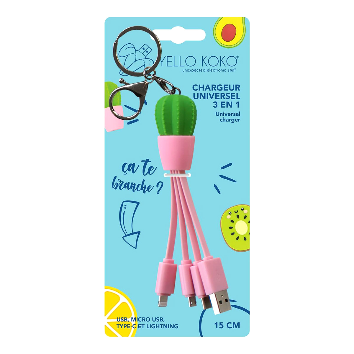 Un caricabatterie universale con design a cactus, cavi rosa e portachiavi. Include connettori USB, Micro USB, Type-C e Lightning.