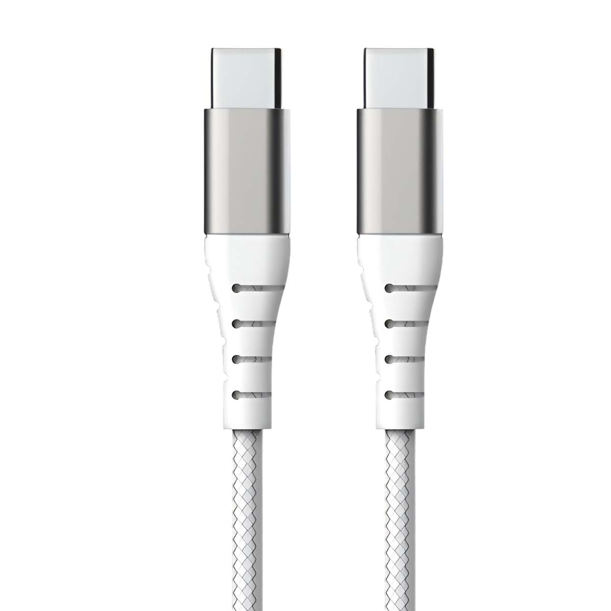 Due cavi di ricarica USB-C bianchi su sfondo bianco. I connettori sono argentati.