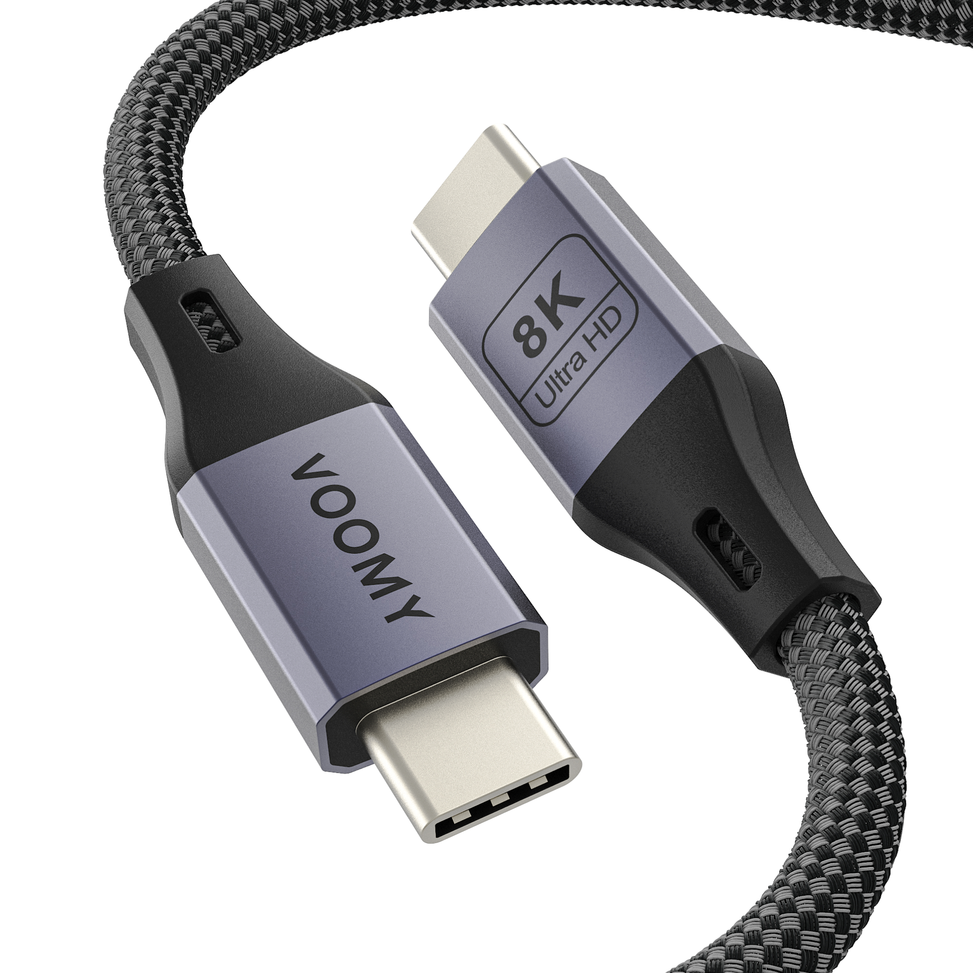 Ein USB-C-Kabel mit geflochtenem schwarz-grauem Kabel. Die Anschlüsse sind grau mit schwarzen Akzenten. Einer sagt 'VOOMY', der andere '8K Ultra HD'.