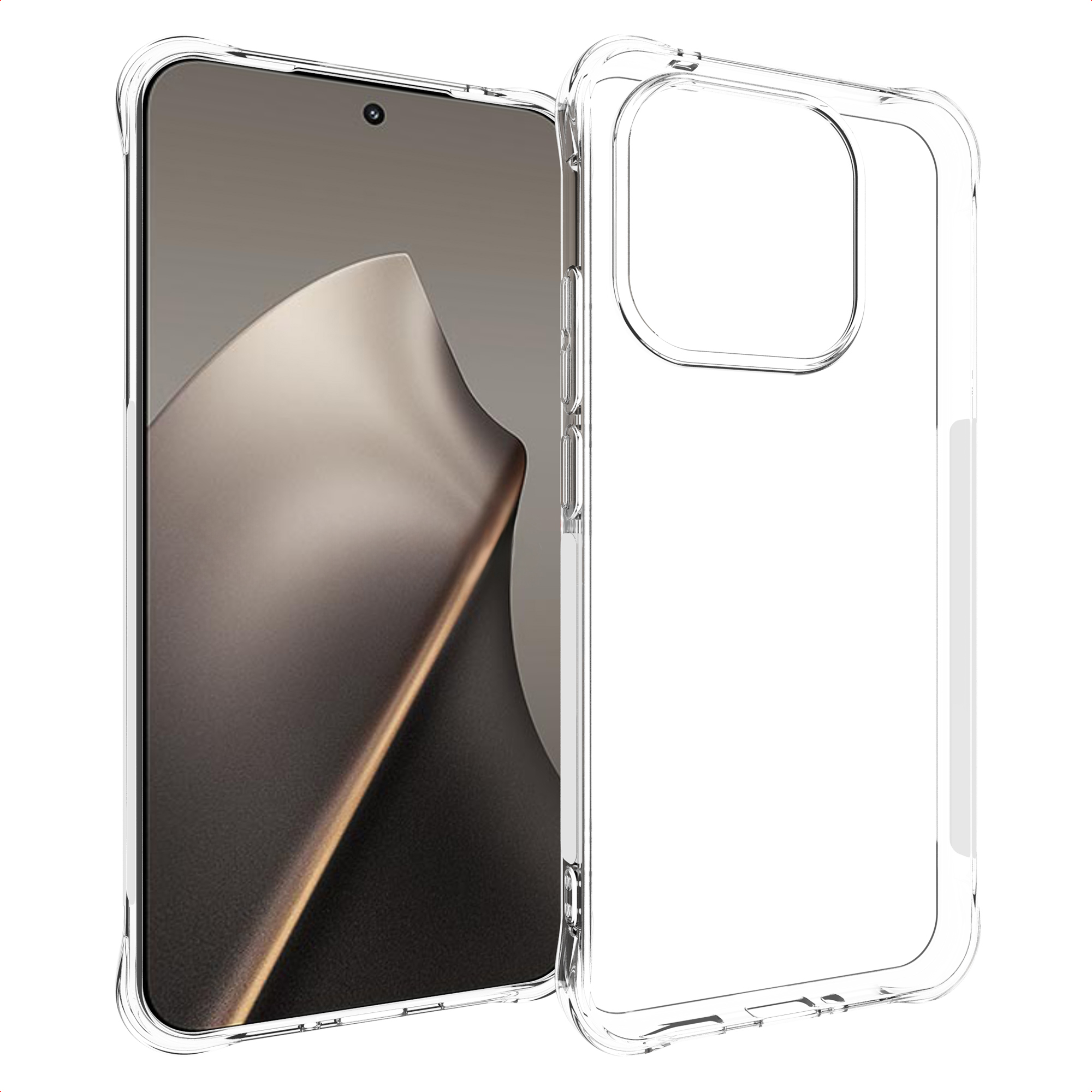 Custodia trasparente per telefono accanto a uno smartphone. Lo schermo mostra un design scuro e astratto.