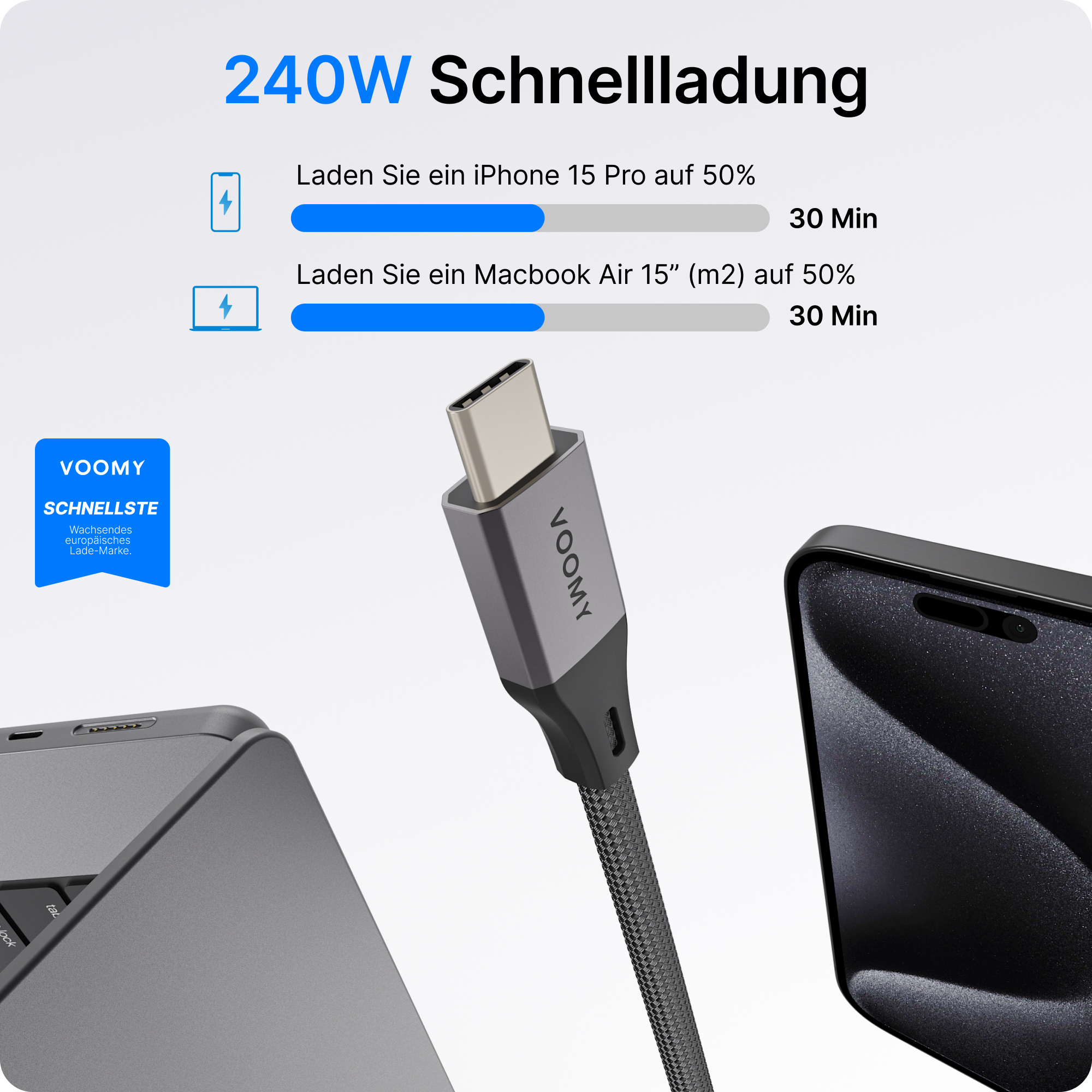 Ein Ladekabel mit Telefon und Laptop. Der Text besagt schnelles Laden. Das Kabel ist mit einem Telefon und einem Laptop verbunden.