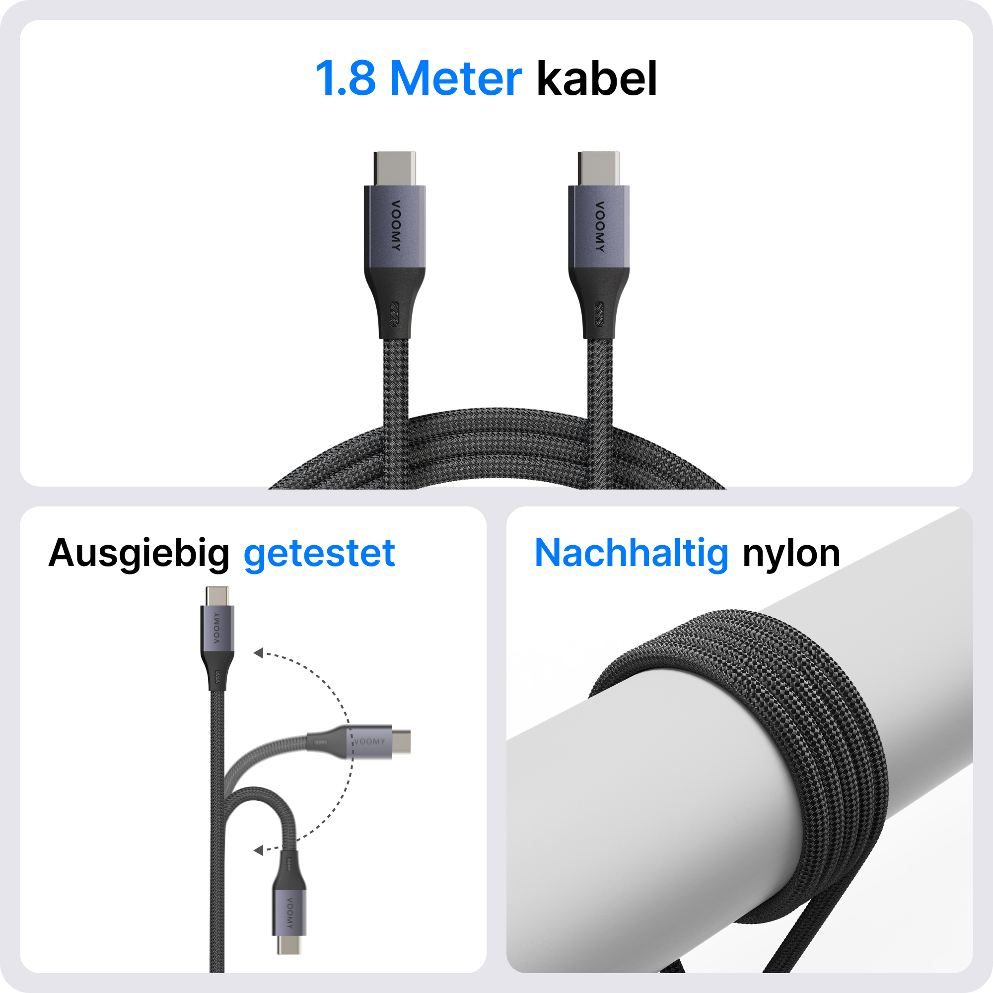 Das Bild zeigt ein schwarzes USB-C-Kabel. Der obere Abschnitt hat zwei Kabel, die Mitte zeigt einen Test, der Boden ein aufgerolltes Kabel.