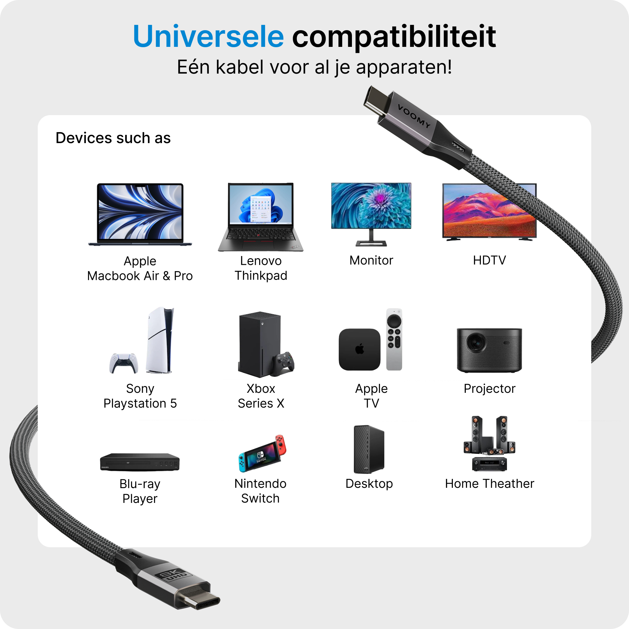 Das Bild zeigt verschiedene Geräte wie Laptops, Konsolen und einen Projektor, die durch ein Kabel verbunden sind, zur universellen Kompatibilität.