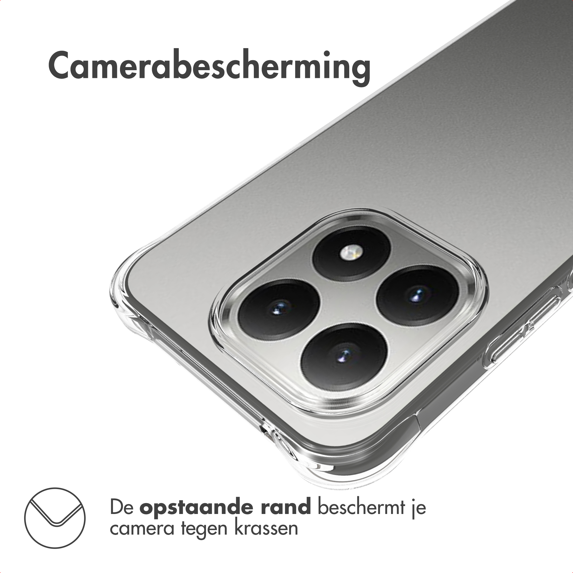 Una custodia protegge le lenti della fotocamera. Testo: Camerabescherming e De opstaande rand beschermt je camera tegen krassen.