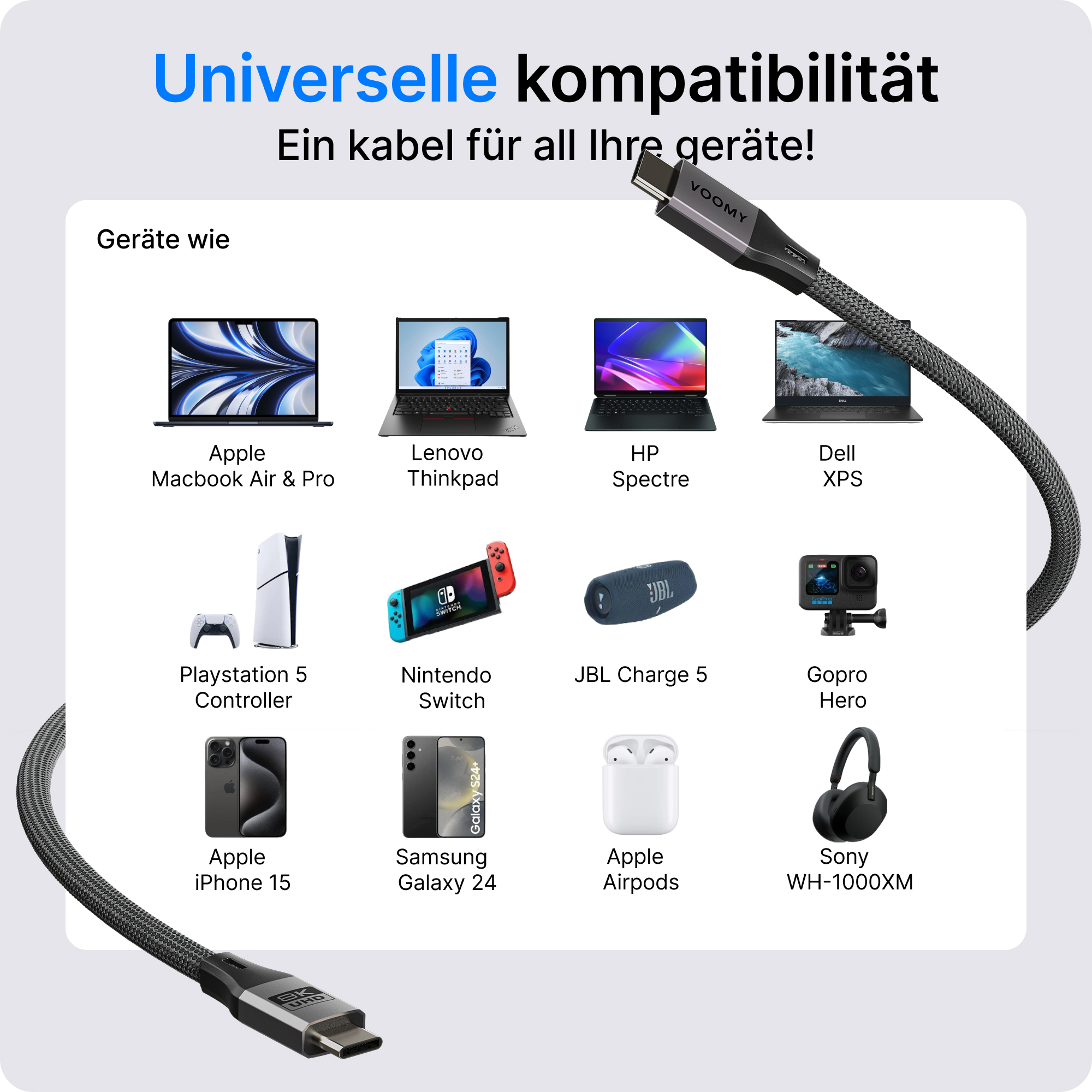 Das Bild zeigt ein Kabel und verschiedene Geräte wie Laptops, Telefone, Kopfhörer und Lautsprecher, die die Kompatibilität veranschaulichen.