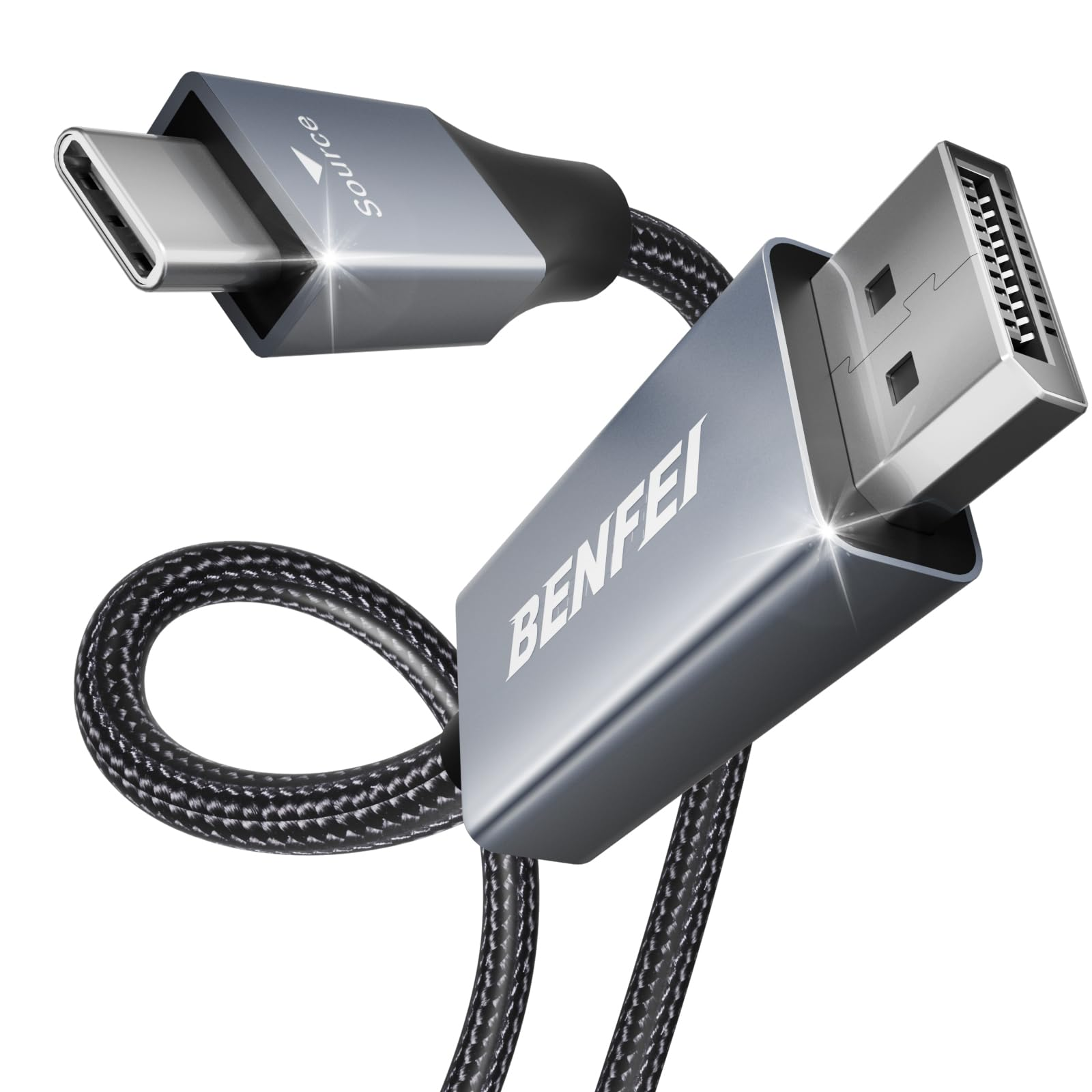 Ein silbernes und schwarzes Benfei-Kabel mit USB-C- und DisplayPort-Anschlüssen, geflochtenes Kabel.