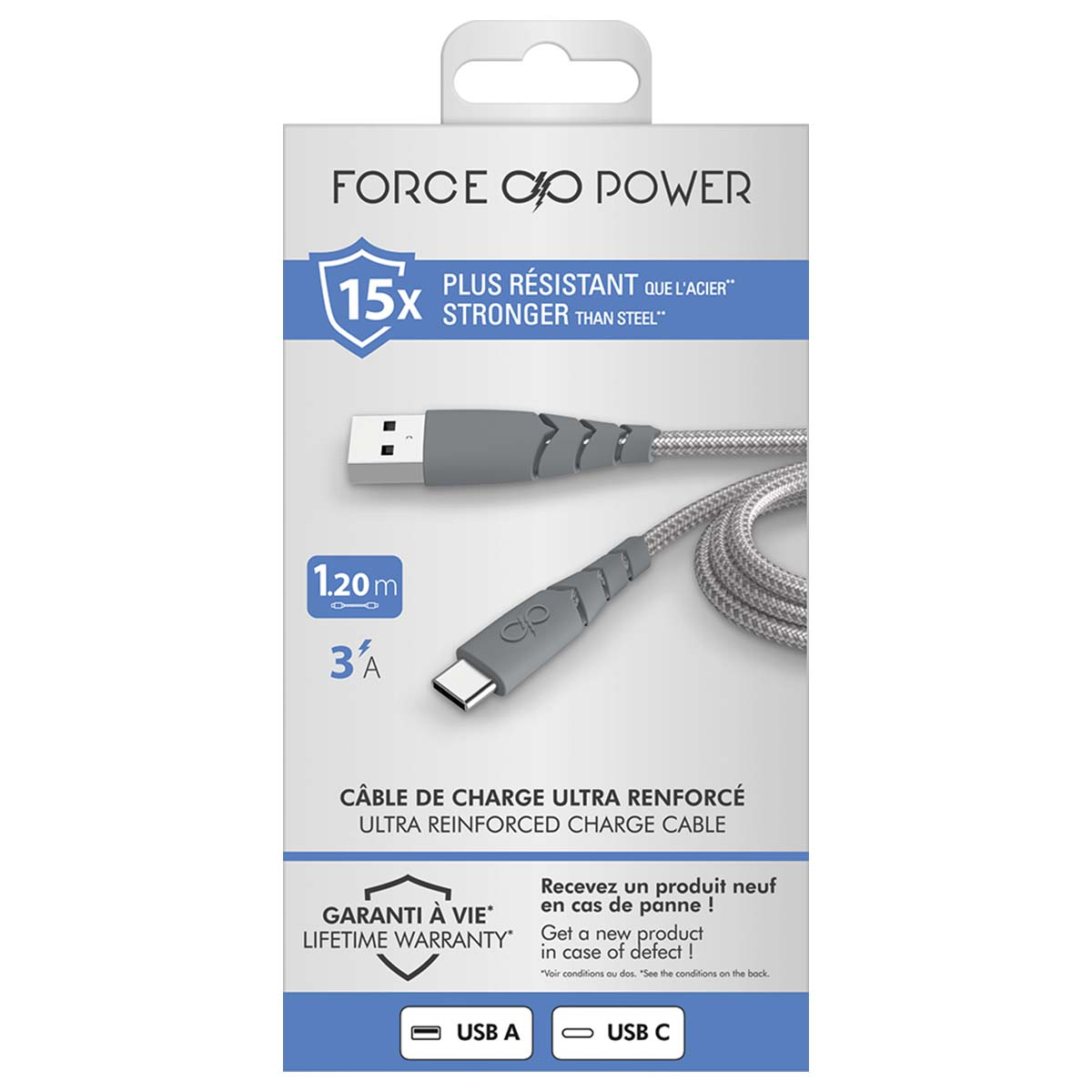 Un cavo USB-C grigio su sfondo bianco con testo, tra cui 'FORCE POWER', 'STRONGER THAN STEEL' e 'LIFETIME WARRANTY'.