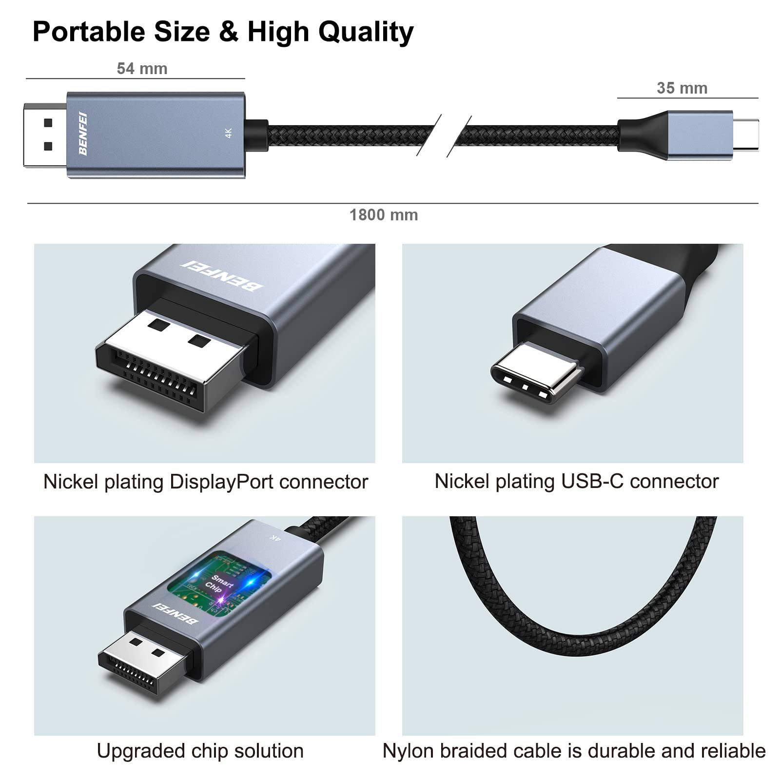 Ein DisplayPort-zu-USB-C-Kabel. Enthält Nahaufnahmen von Anschlüssen und Funktionen: 4K, Nickelbeschichtung, geflochtenes Kabel.