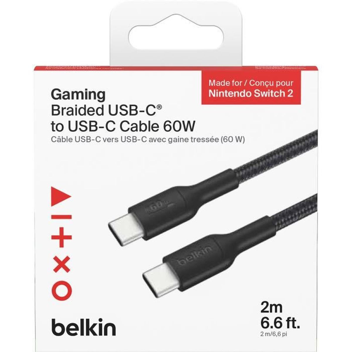 Ein Belkin USB-C-Kabel für Nintendo Switch 2. Die Verpackung zeigt ein schwarzes geflochtenes Kabel, mit Belkin-Logo und Text.
