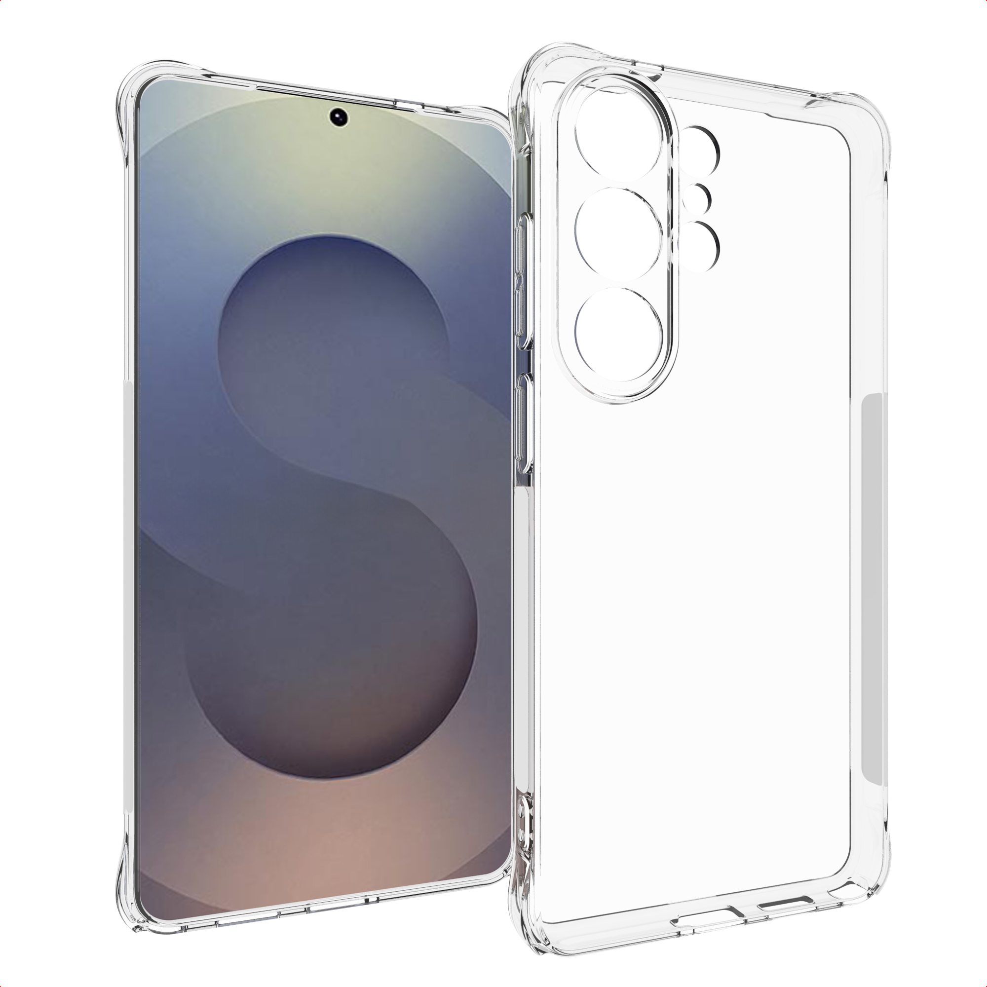 Une coque de téléphone transparente est à côté d'un smartphone avec une image floue, les deux sur fond blanc.