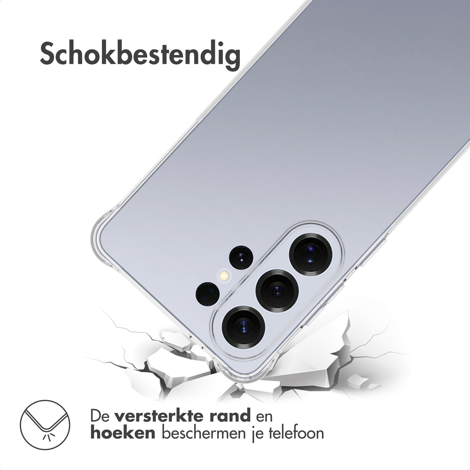 Une coque de téléphone sur fond blanc fissuré, montrant les lentilles de la caméra. Texte: Antichoc. Protection pour votre téléphone.