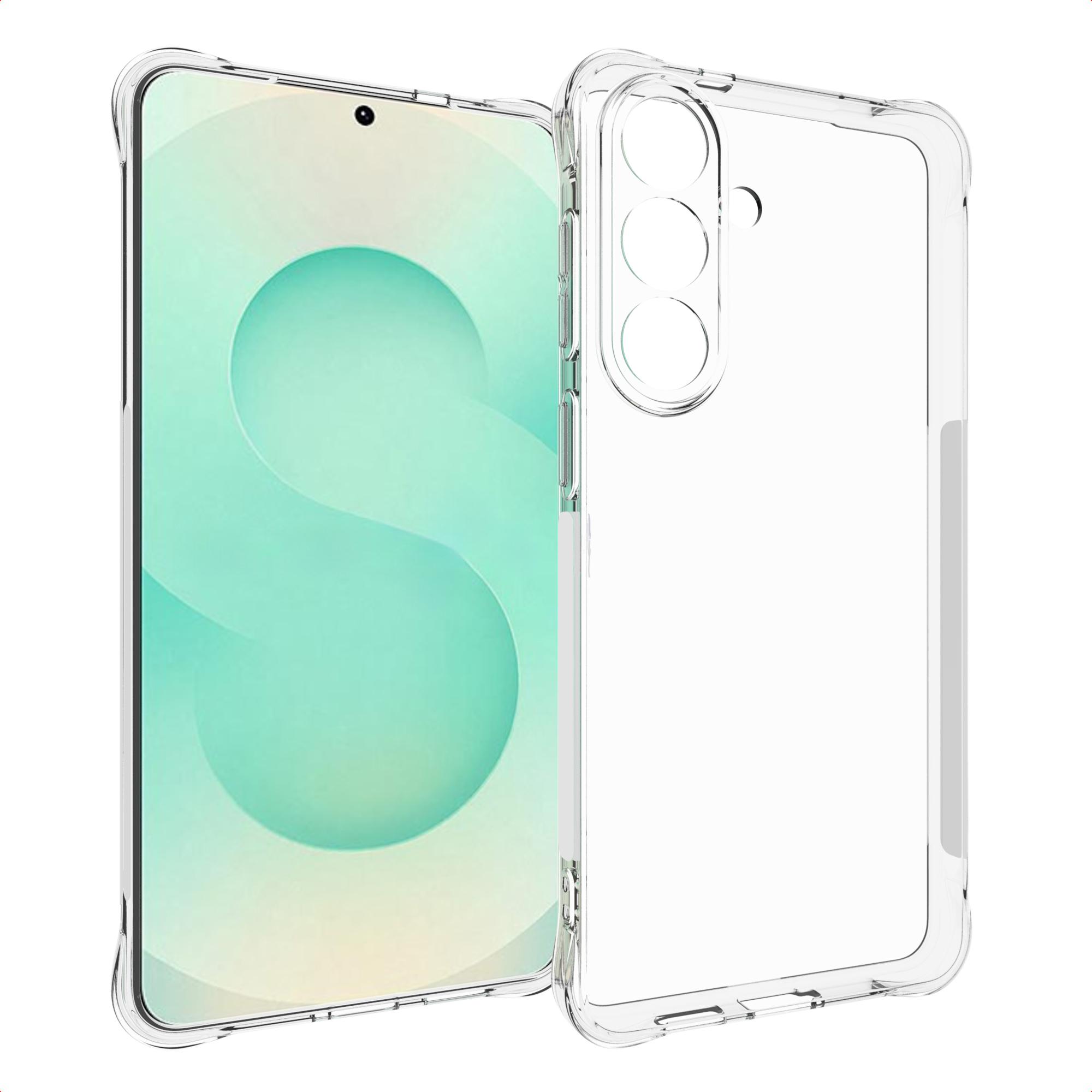 Una custodia trasparente per telefono accanto a uno smartphone con sfondo verde e bianco.