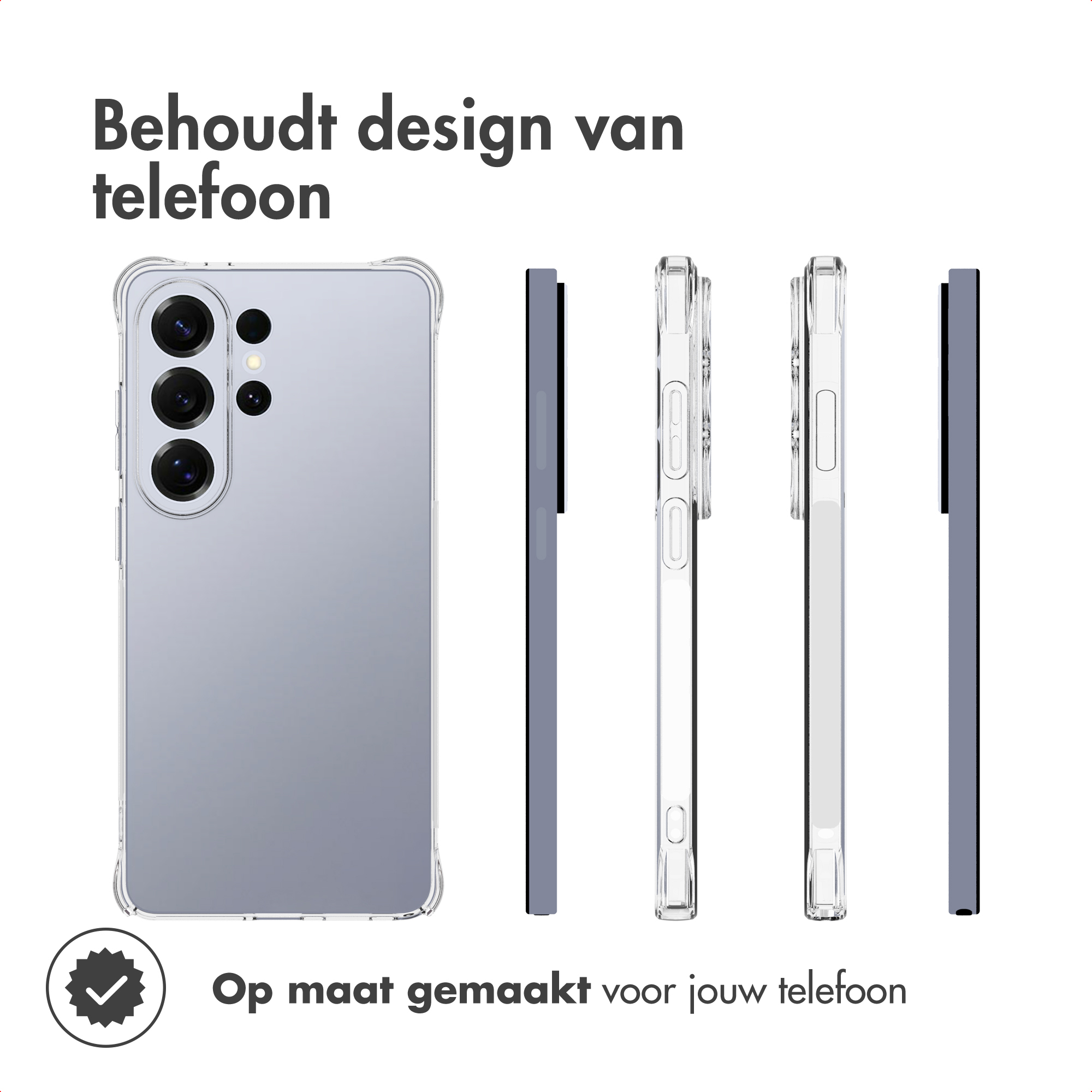 L'image montre un téléphone dans une coque transparente. Le texte indique : « Maintient le design du téléphone » et « Fait sur mesure pour votre téléphone ».