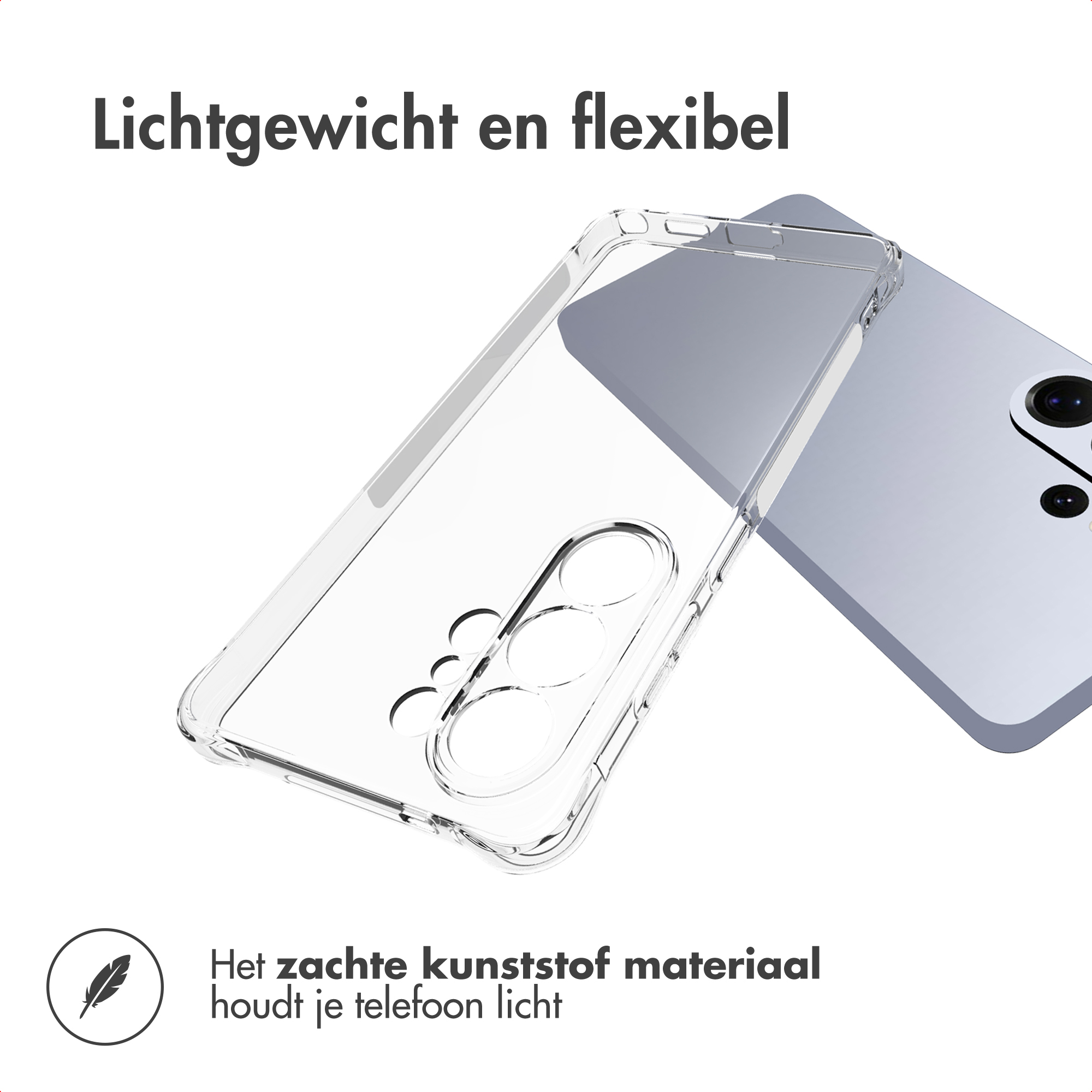 Un étui de téléphone transparent est posé sur un téléphone violet clair. Le texte dit léger et flexible. Fond blanc.