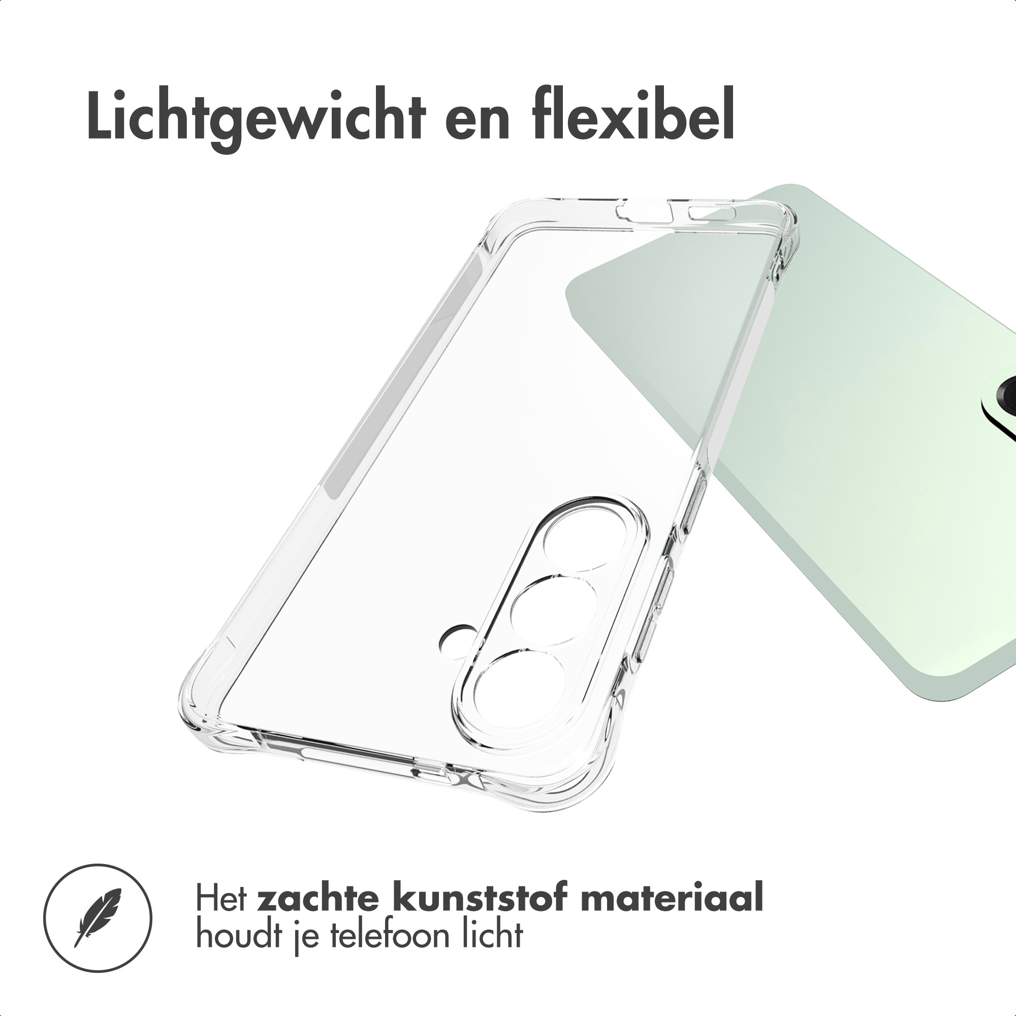 Una custodia trasparente per telefono è in mostra, con un telefono parzialmente visibile. Il testo recita 'Leggero e flessibile'. Materiale morbido menzionato.