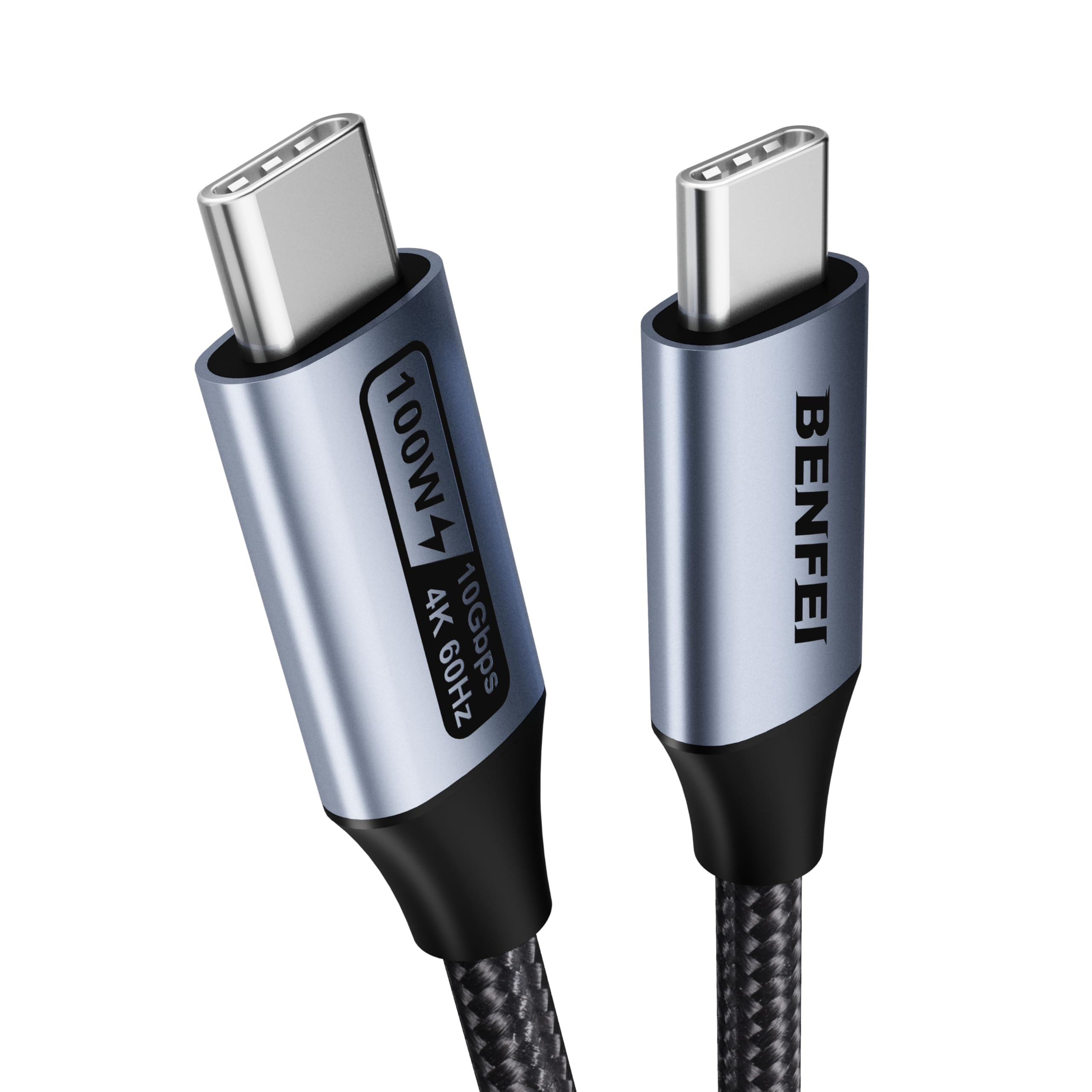 Zwei USB-C-Kabel, silberne Anschlüsse, schwarz-silberne Gehäuse. Ein Kabel zeigt Spezifikationen: 100W, 10Gbps, 4K 60Hz. Das andere sagt BENFEI.