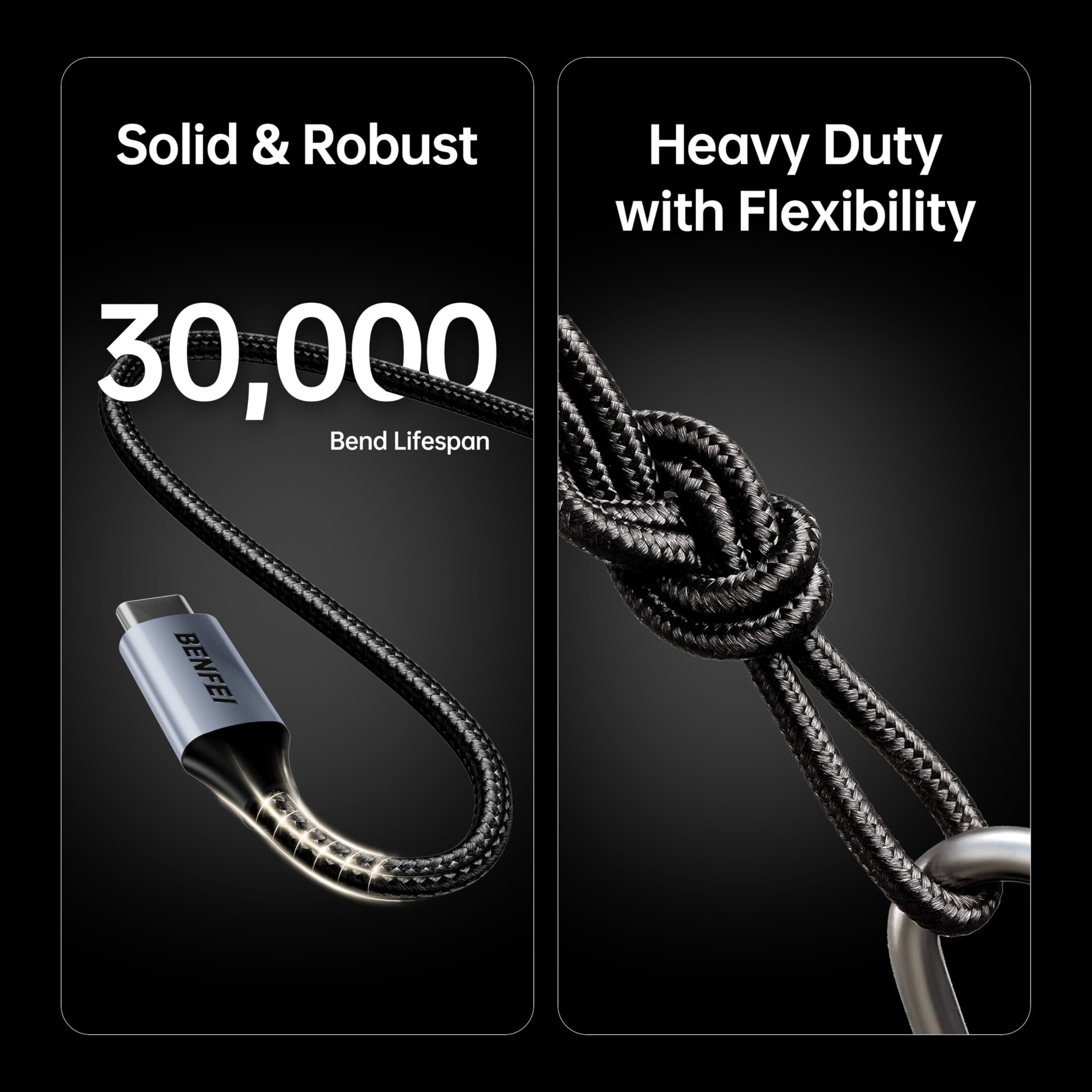 Schwarzes Kabel mit silbernem Stecker, geknotetem Kabelabschnitt und Text. Zeigt Produkteigenschaften: solide, robust und robust.