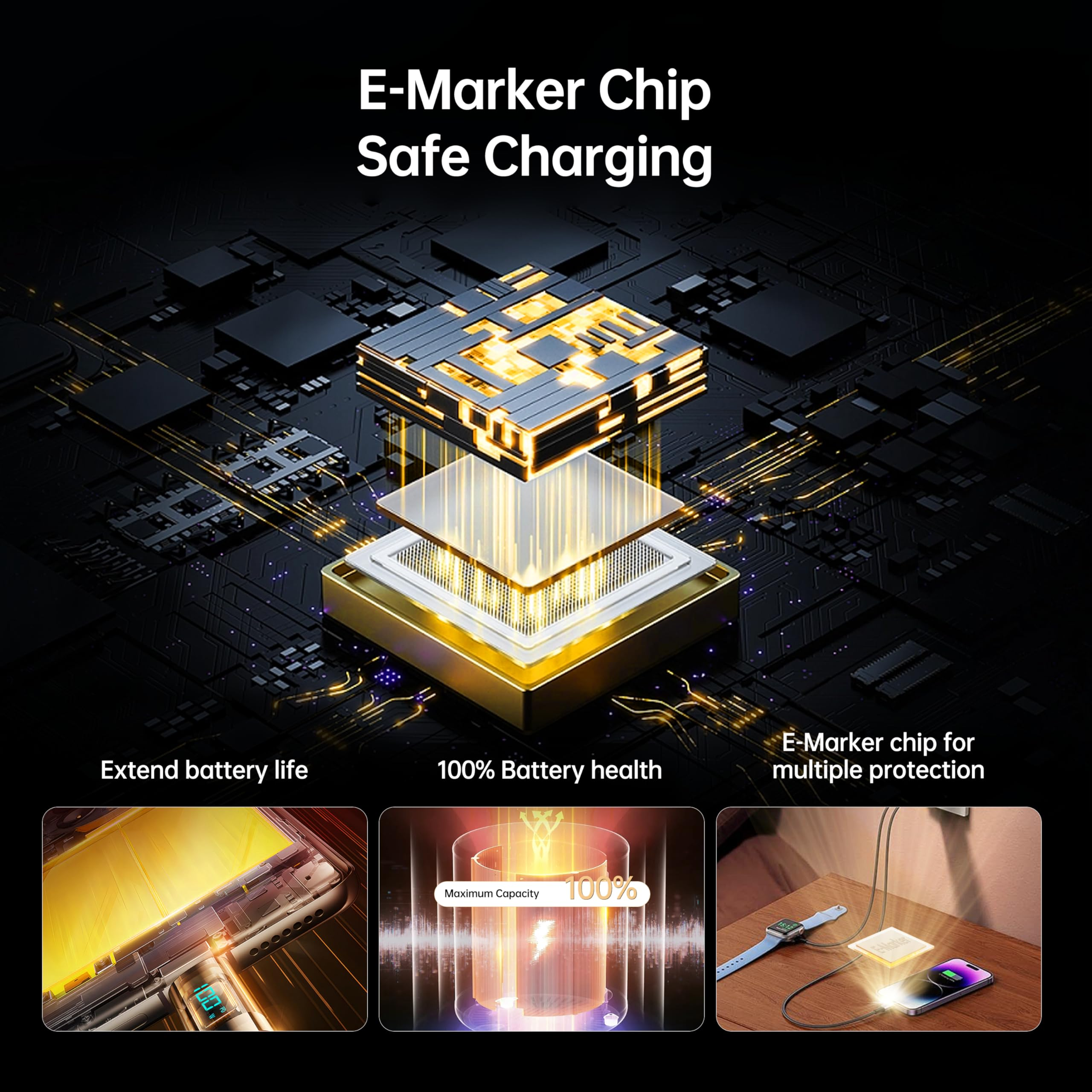 Das Bild zeigt einen E-Marker-Chip, ein sicheres Ladekonzept mit Telefon, Uhr und Ladesymbolen.