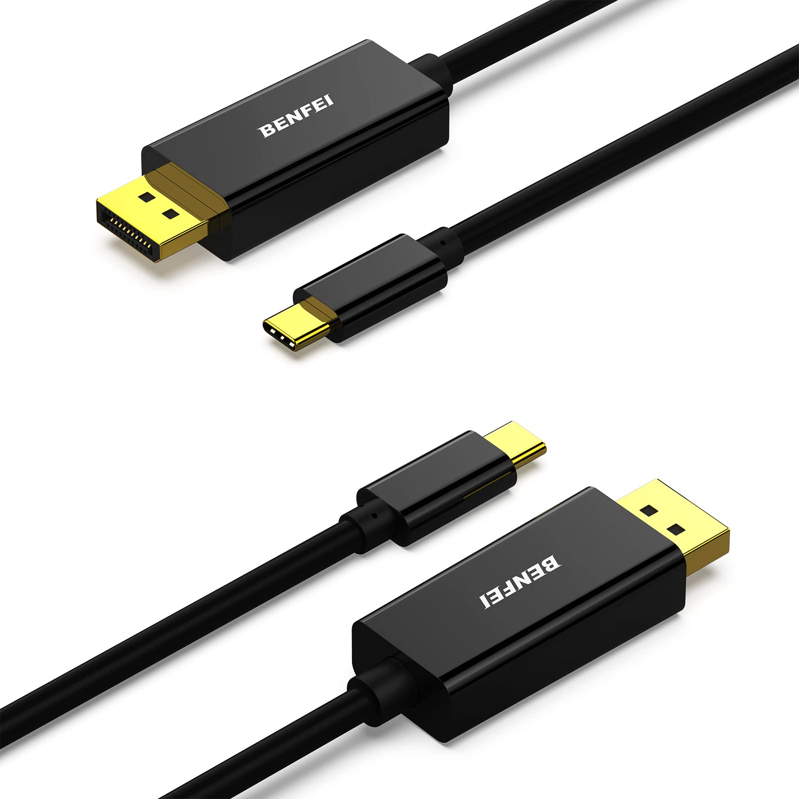 Zwei schwarze BENFEI-Kabel mit goldenen Steckern. Eines hat einen DisplayPort, das andere einen USB-C. Weißer Hintergrund.