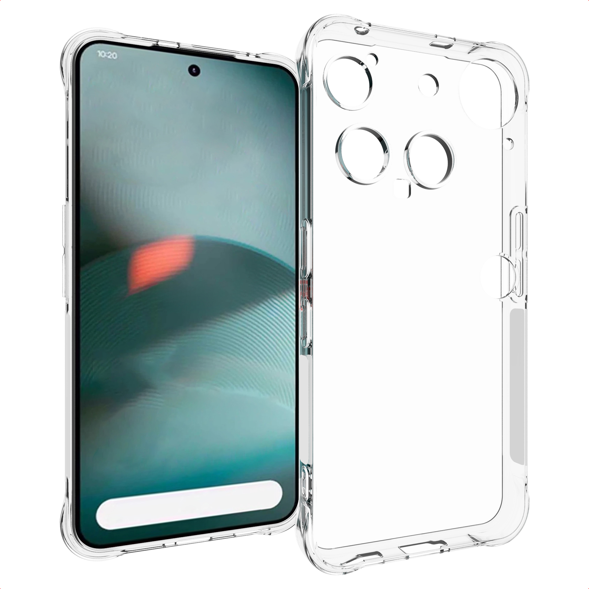 Un telefono in una custodia trasparente. Lo schermo mostra un'immagine astratta colorata. La custodia è separata.