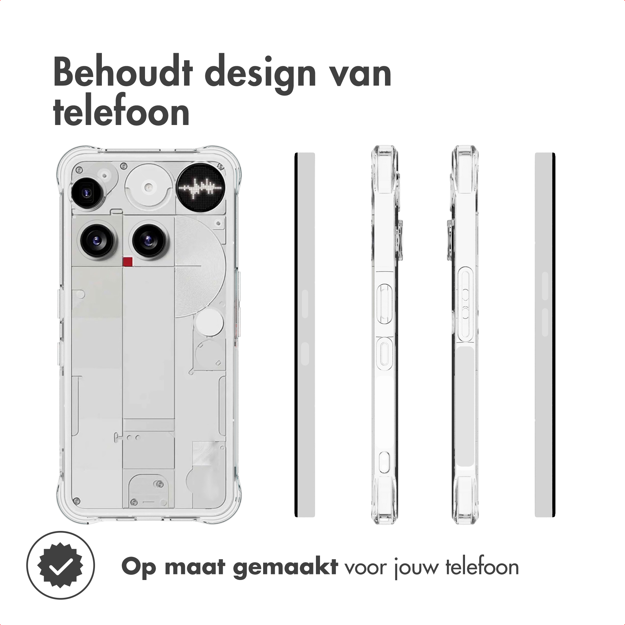 È mostrata una custodia per telefono, con un design del telefono. È trasparente e ha tre diverse viste. Il testo dice 'Mantiene il design del telefono'.