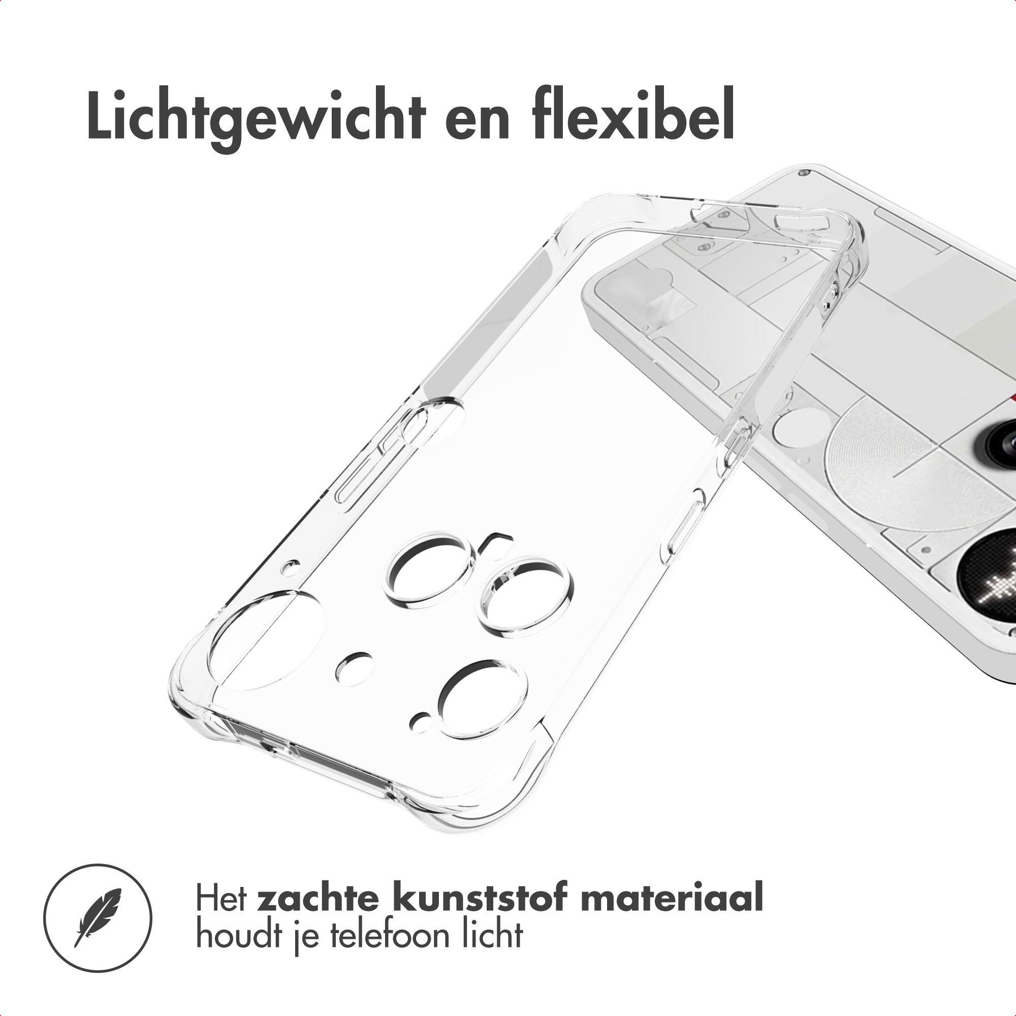 Una custodia trasparente per telefono è su un telefono bianco. Il testo recita 'Leggero e flessibile'. La custodia è in plastica morbida.
