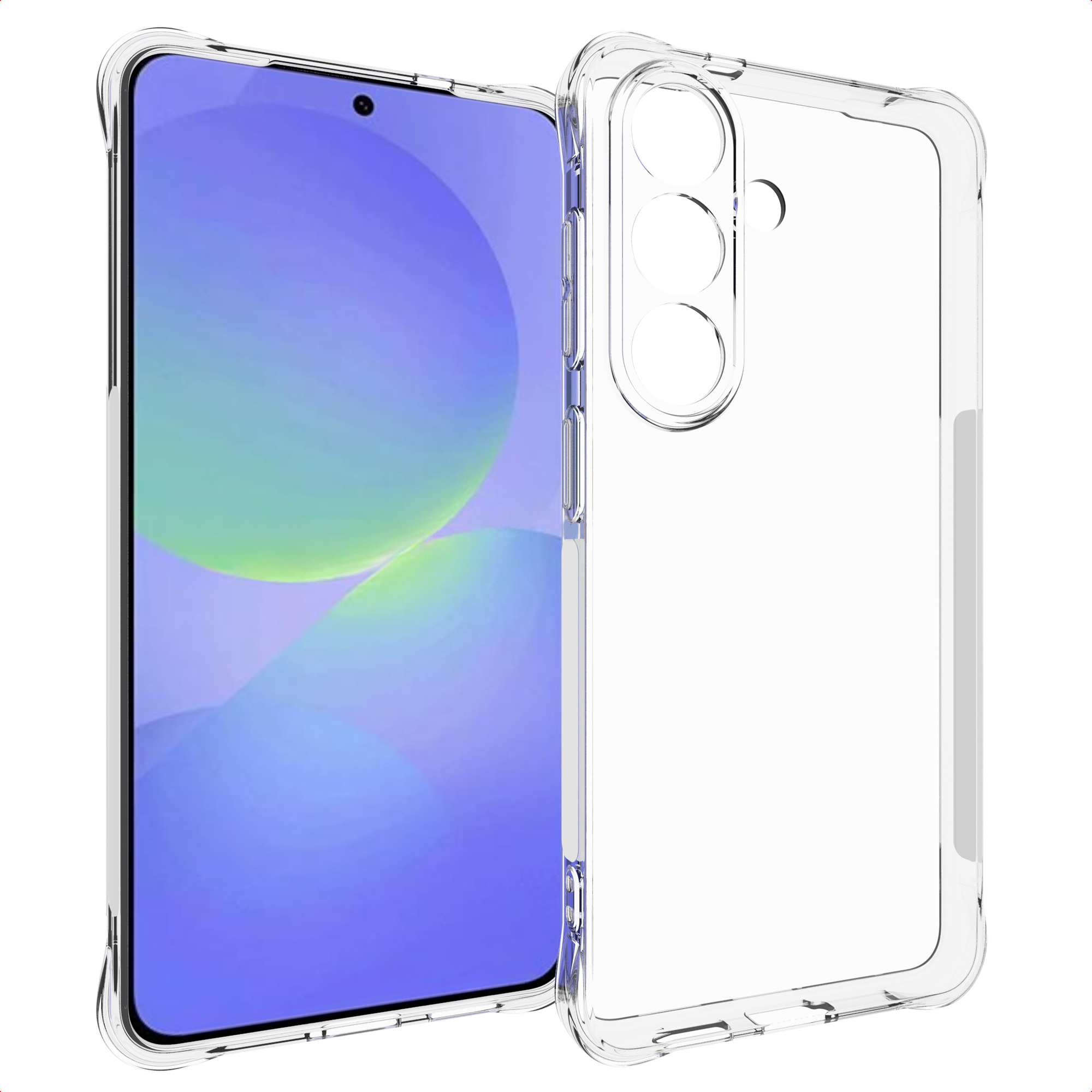 Een doorzichtige telefoonhoes naast een smartphone met een blauw-groen scherm. De hoes heeft uitsparingen voor de camera.