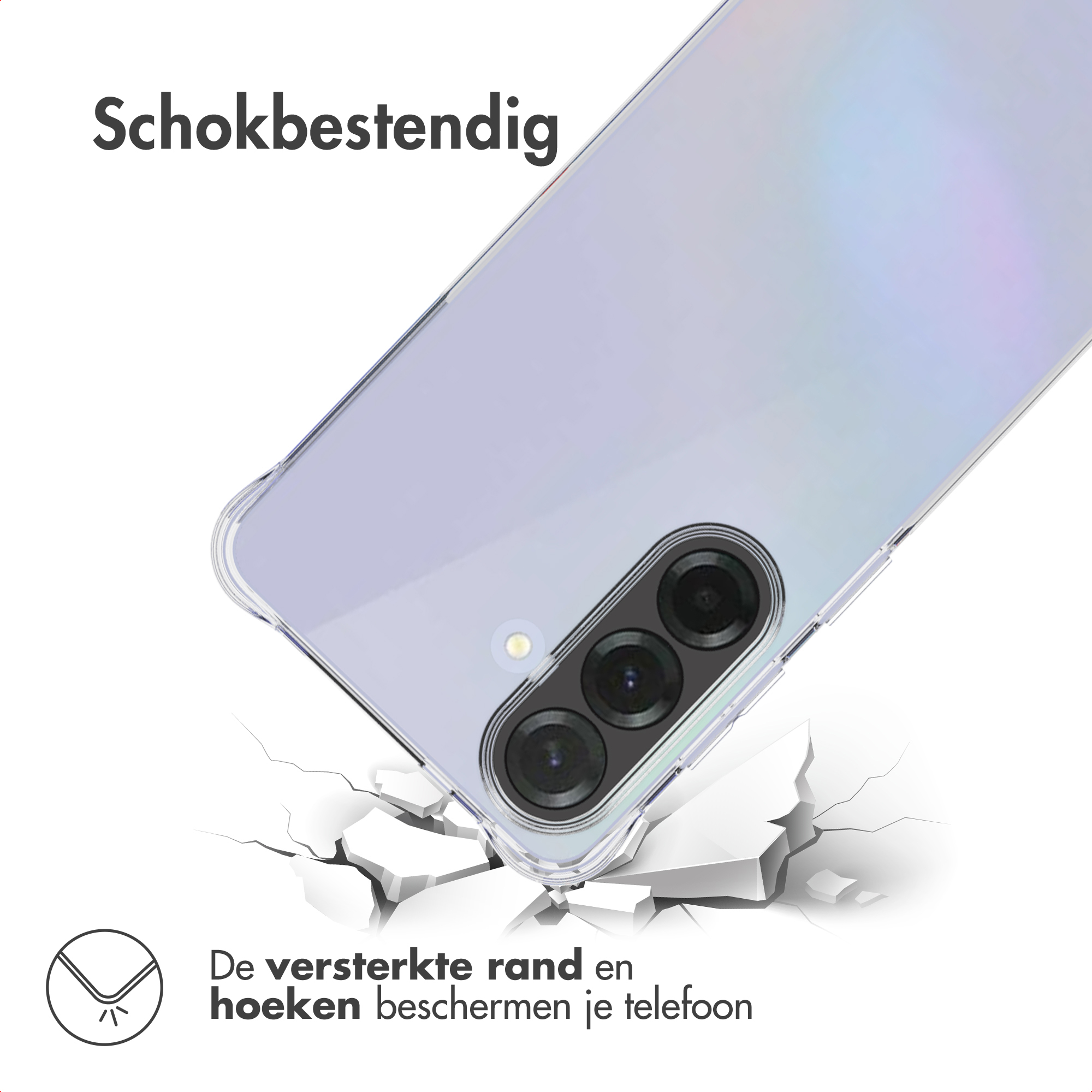Een telefoonhoesje valt op een oppervlak dat uit elkaar valt. Tekst: Schokbestendig en De versterkte rand en hoeken beschermen je telefoon.