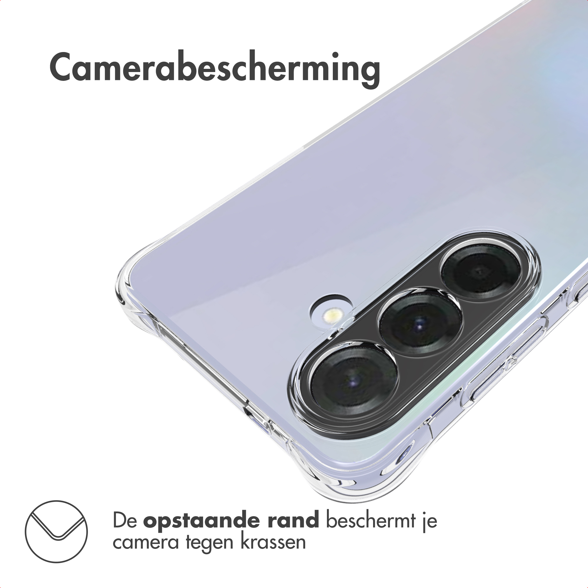 Transparante telefoonhoes over de camera, met tekst 'Camerabescherming' en 'De opstaande rand beschermt je camera tegen krassen'.