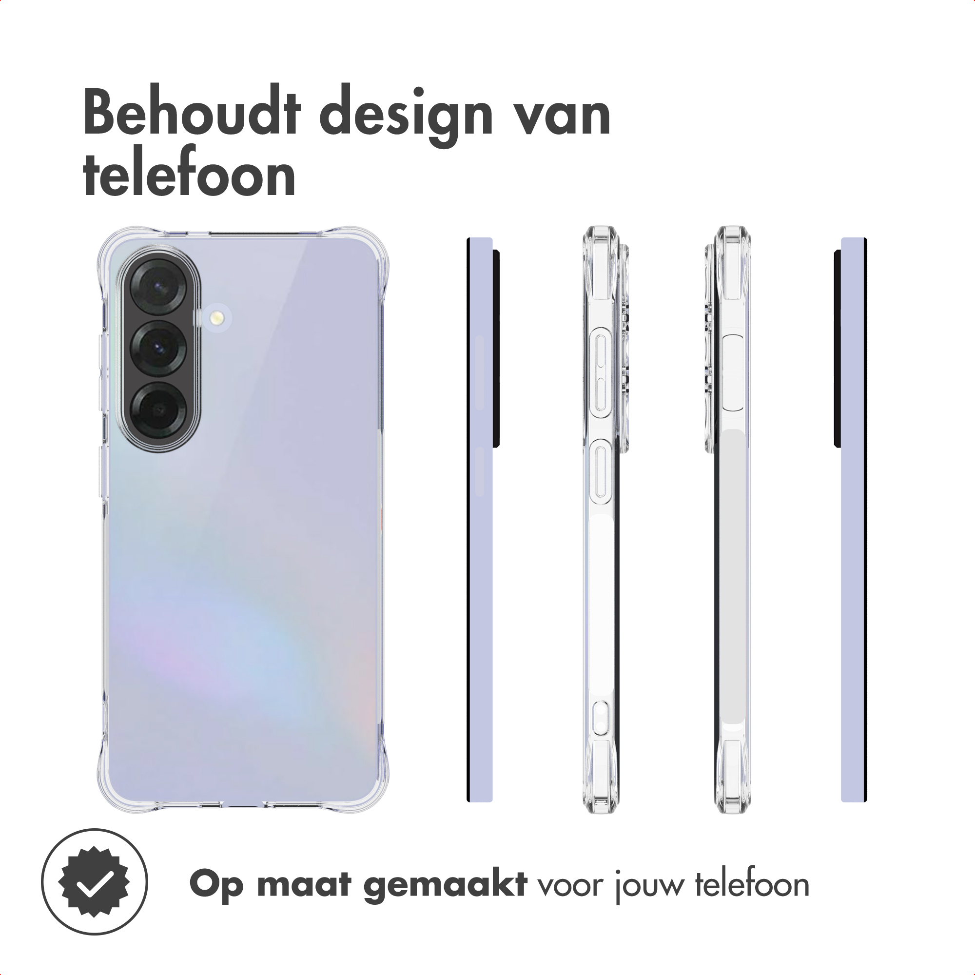 Transparante telefoonhoes met telefoon erin, verschillende hoeken. Tekst: Behoudt telefoonontwerp. Op maat gemaakt voor je telefoon.