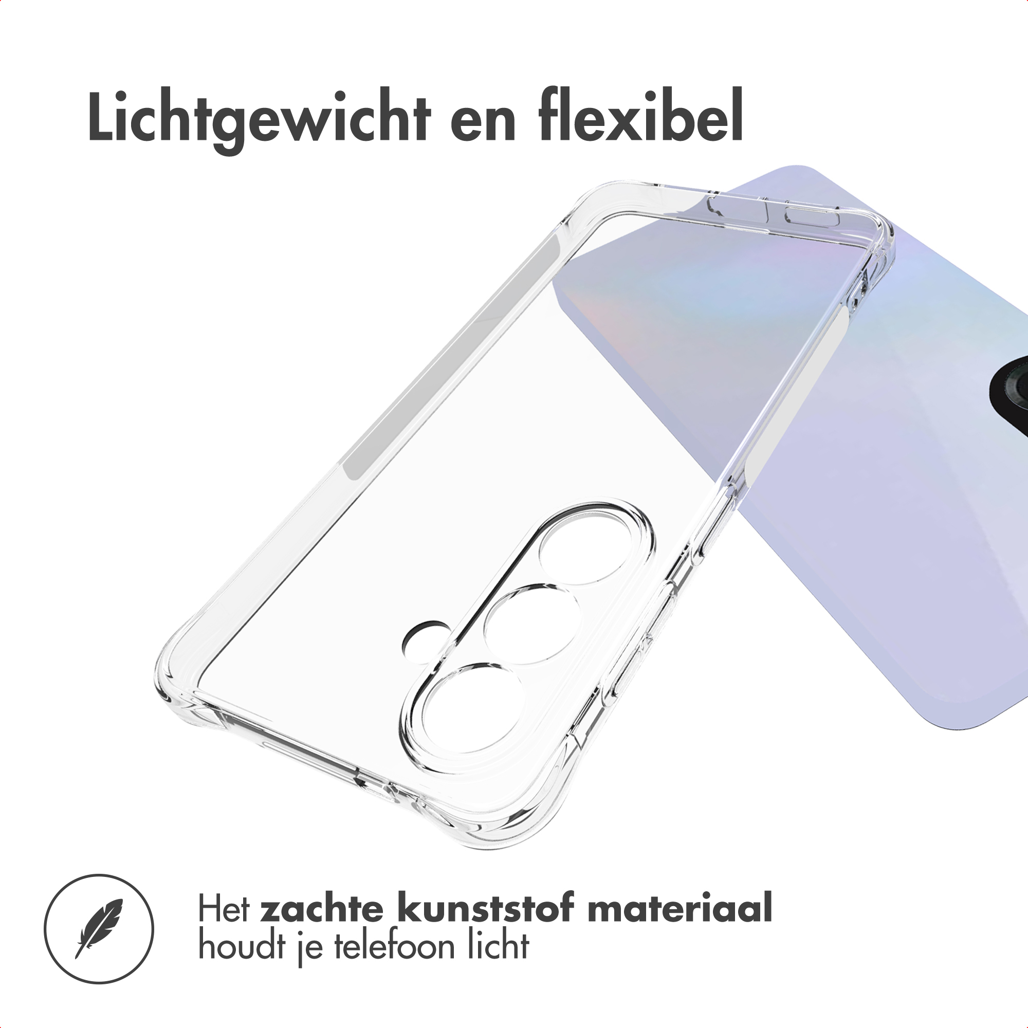 Transparante telefoonhoes op een telefoon. Tekst: Lichtgewicht en flexibel. Zacht plastic houdt uw telefoon licht.