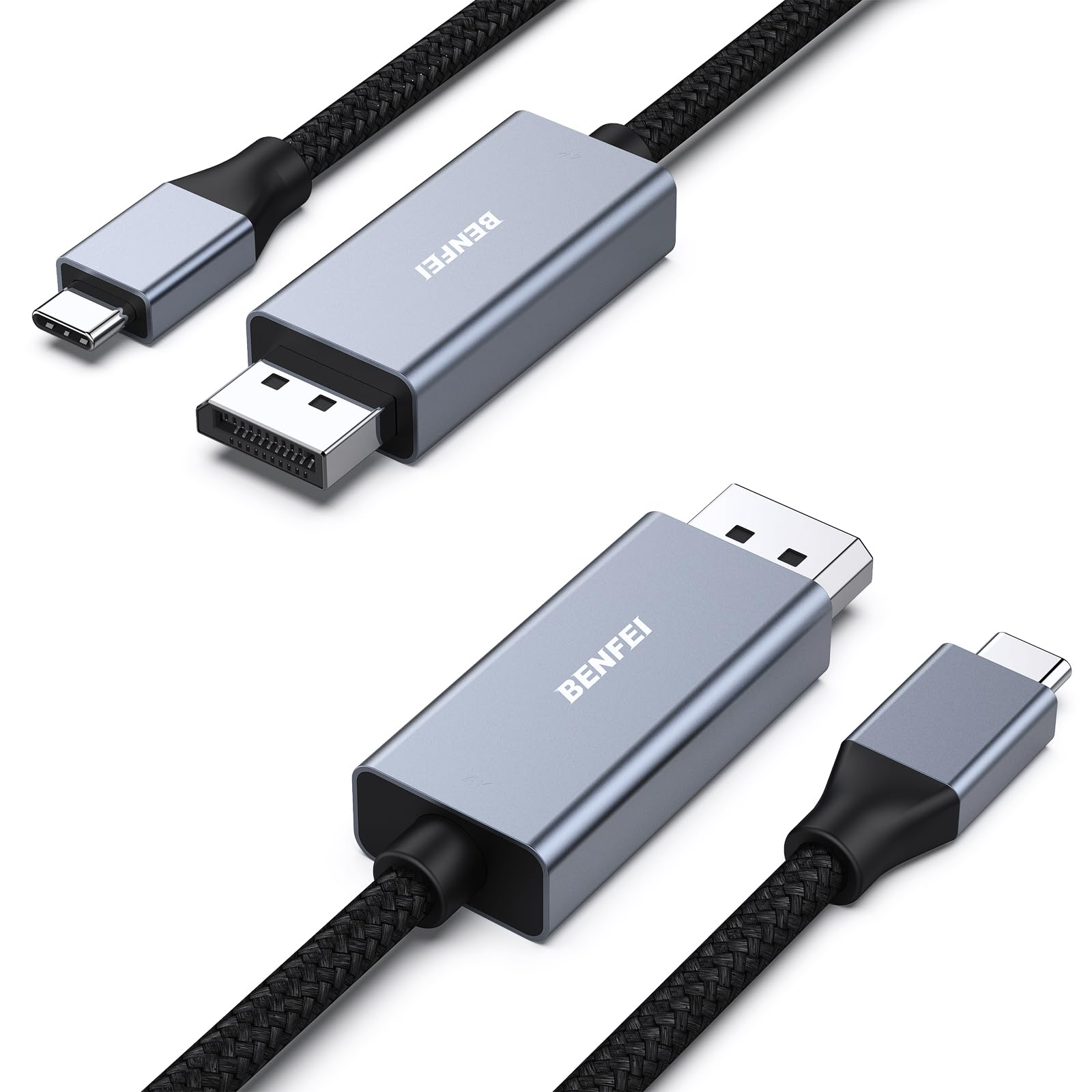 Zwei BENFEI-Displaykabel. Eines hat USB-C- und DisplayPort-Anschlüsse, das andere USB-C und DisplayPort.