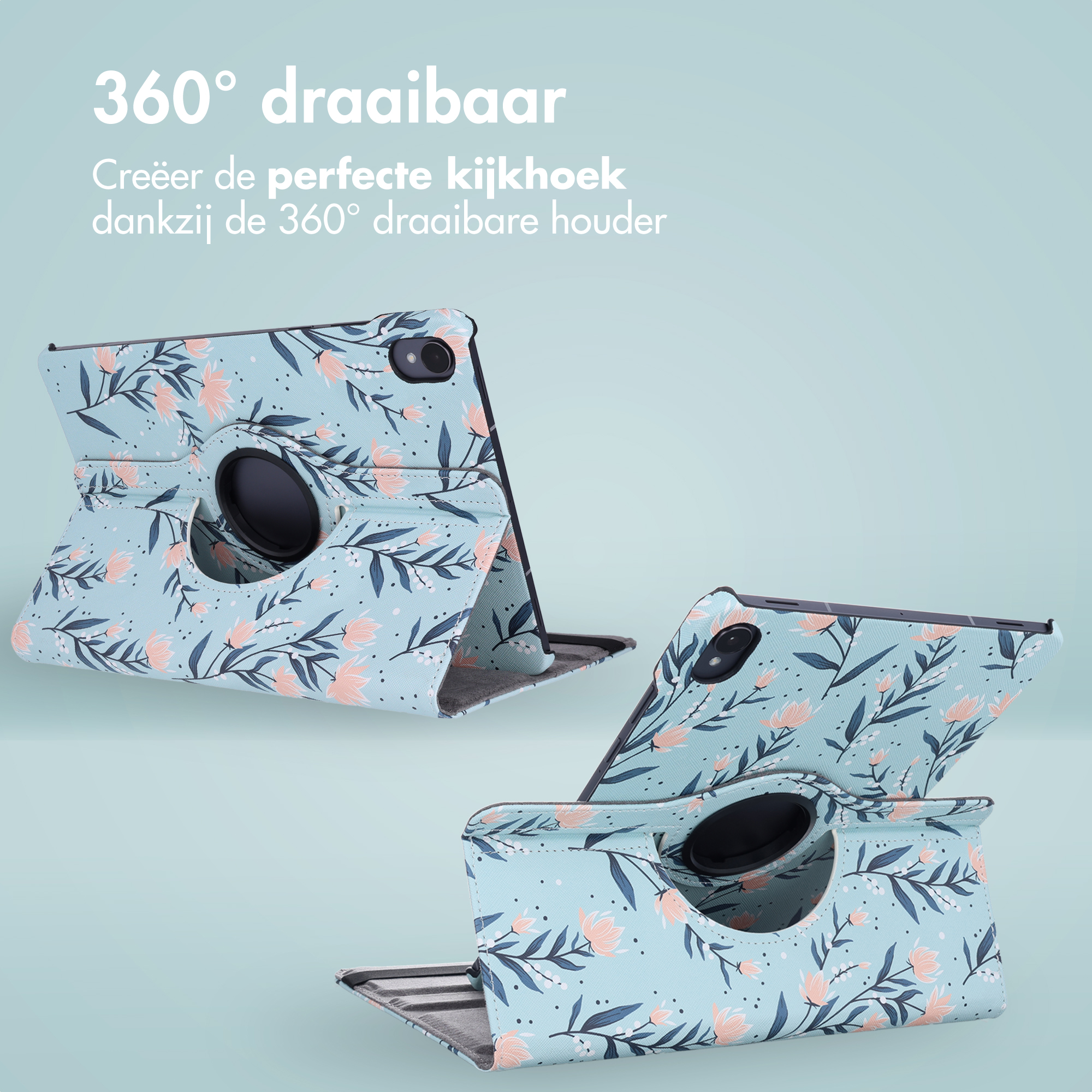 A tablet case with a floral pattern, showing its rotating feature. Turquoise background with product text.
