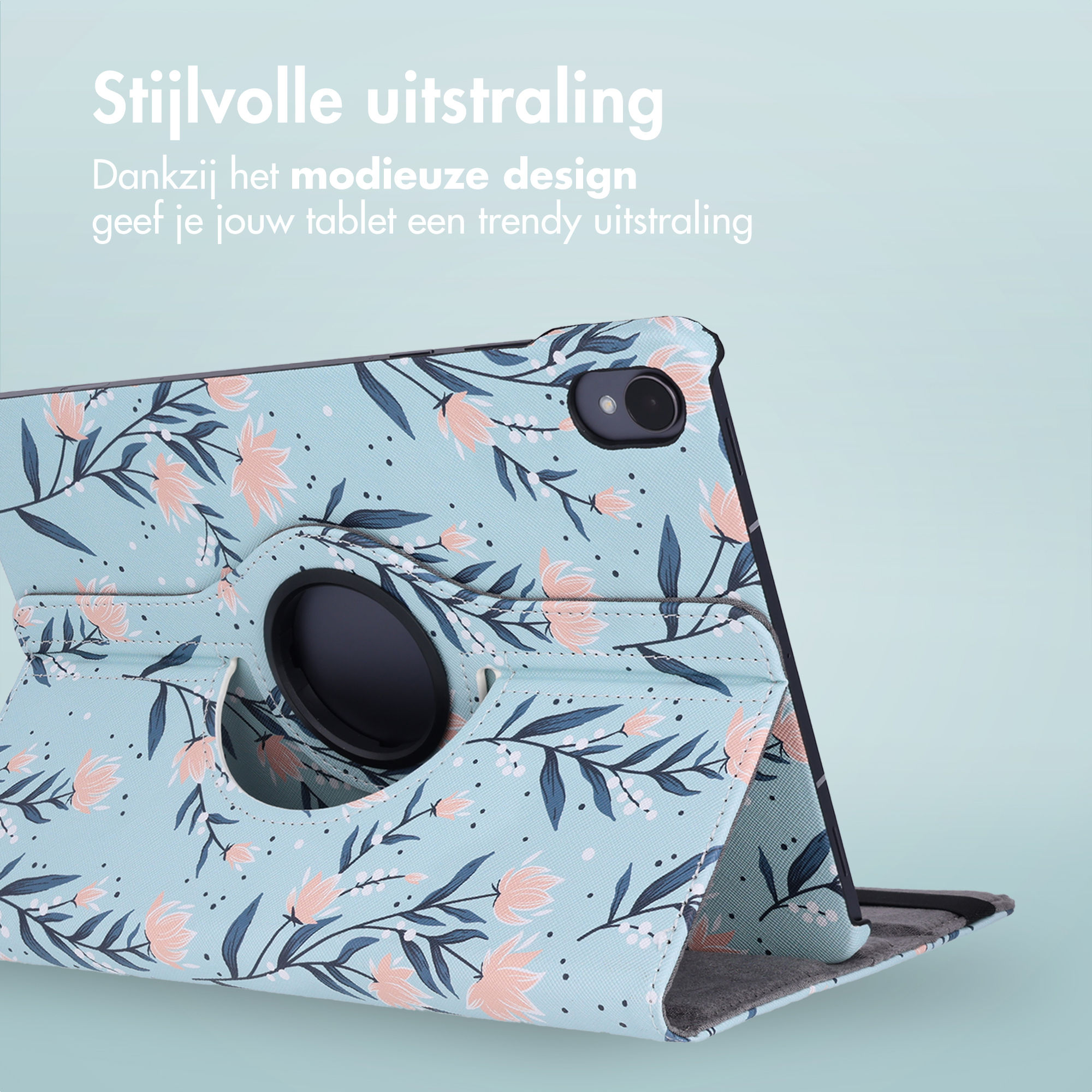 A tablet case with a floral pattern in light blue and pink, set against a light blue backdrop.