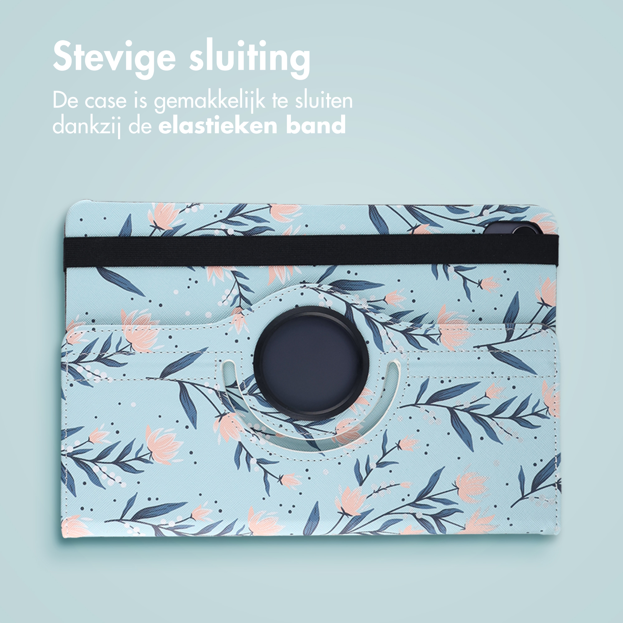 A tablet case with floral pattern. It has an elastic band and a camera hole. The background is light blue.