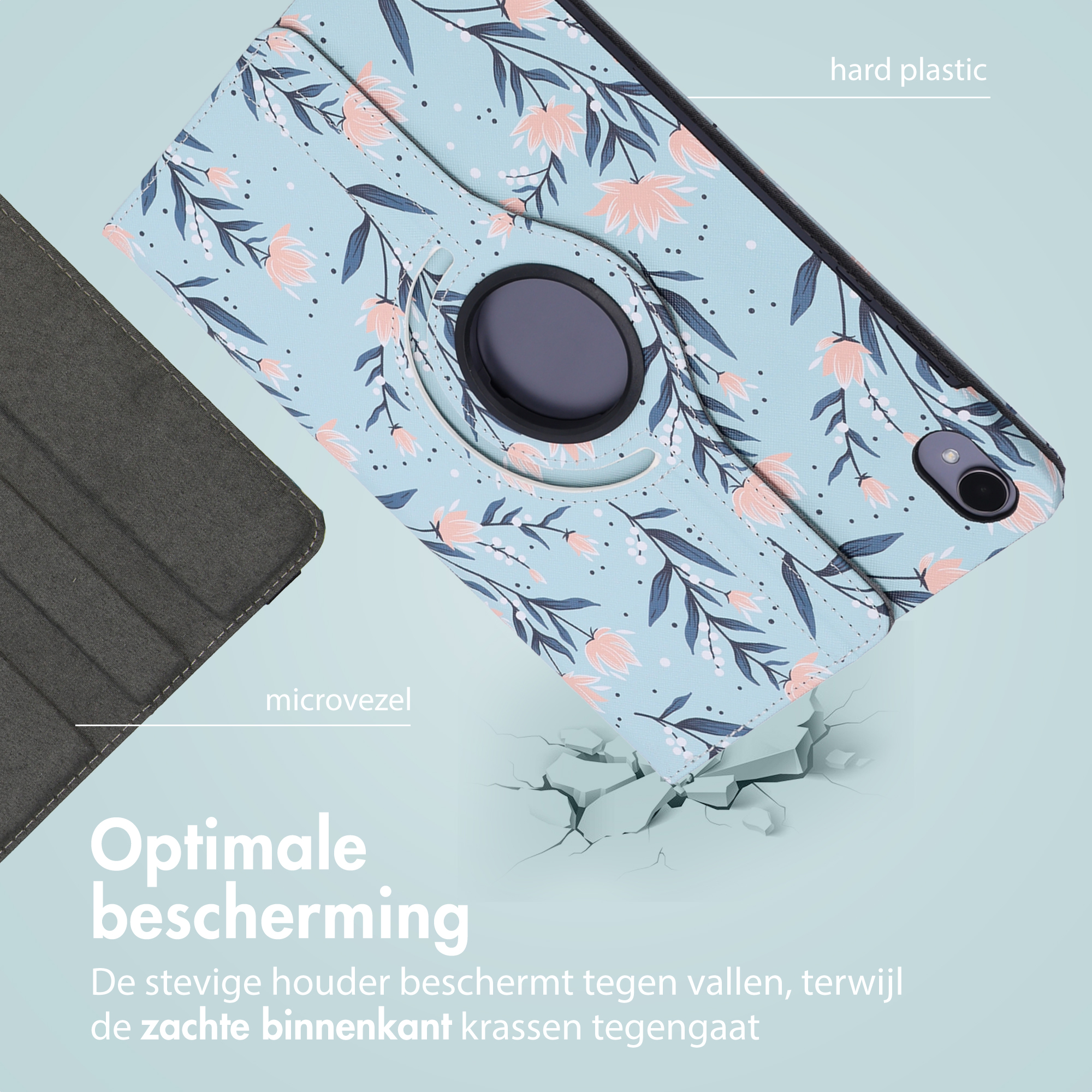 A tablet case with a floral pattern, in shades of blue and pink, is shown. It has a rotating mechanism and a soft inner lining.