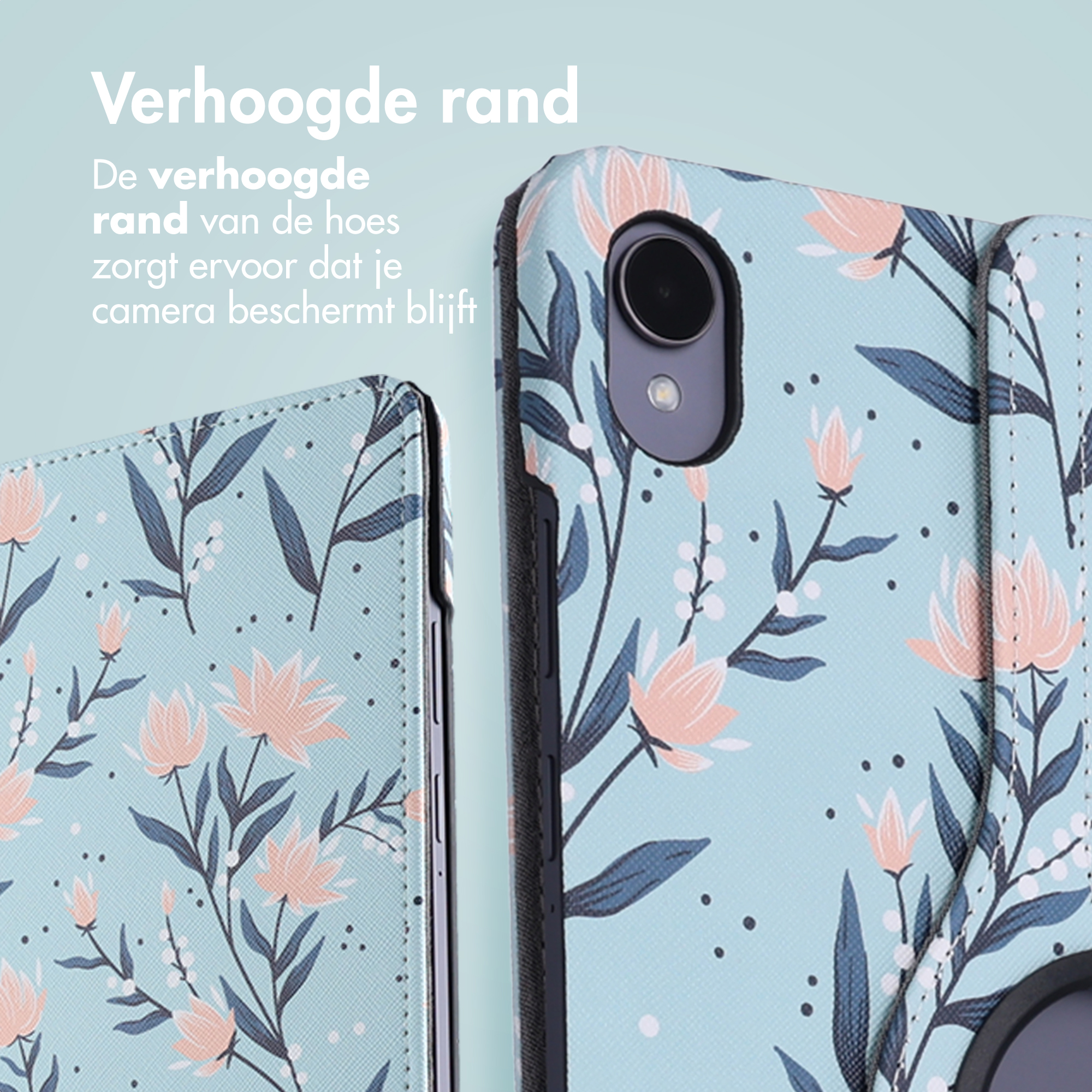 Phone cases with floral design. Light blue background. Raised edge protects camera. Peach flowers and dark blue leaves.