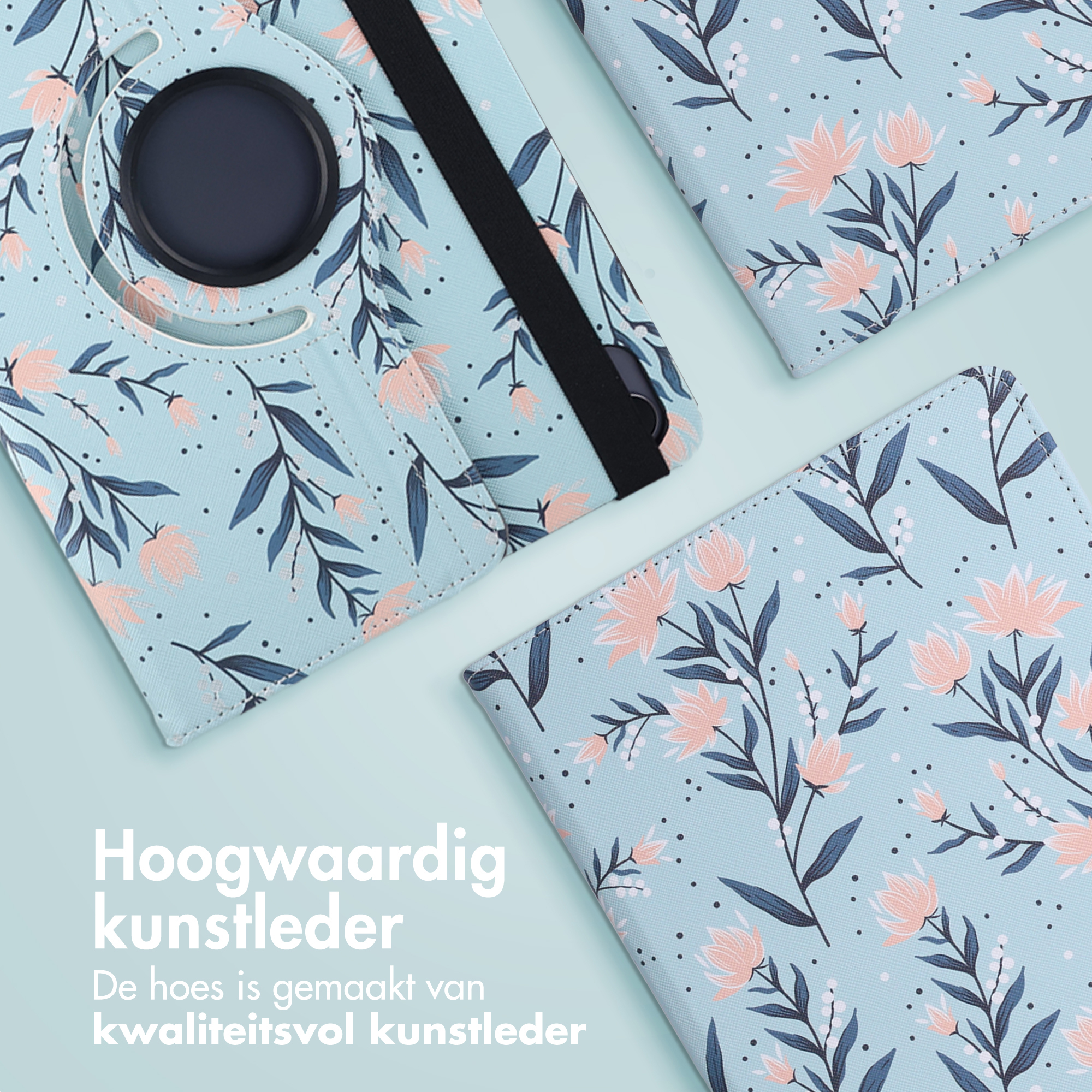 Cases with floral patterns in pink, blue and navy on a light blue background. Text in Dutch. 